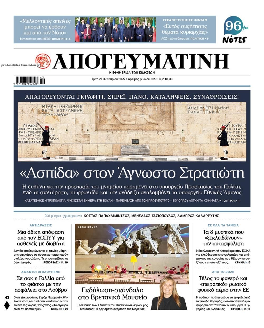 Πρωτοσέλιδο εφημερίδας Απογευματινή