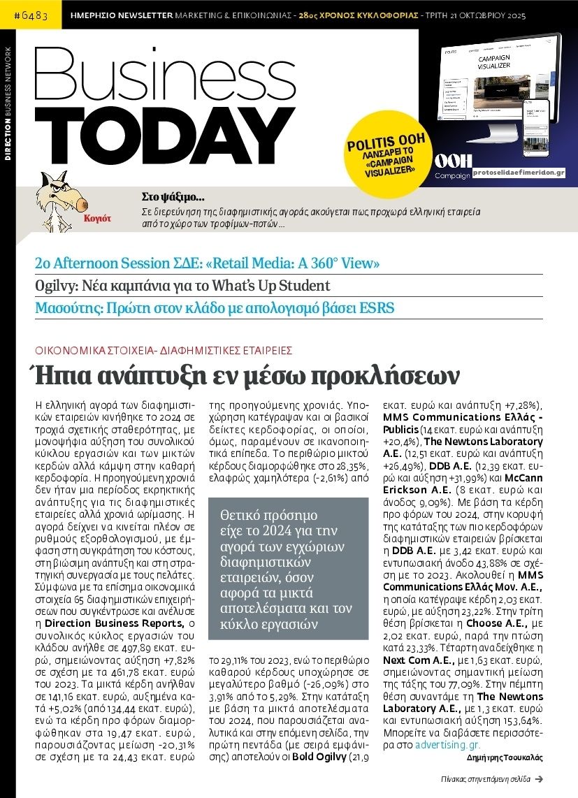 Πρωτοσέλιδο εφημερίδας Business Today