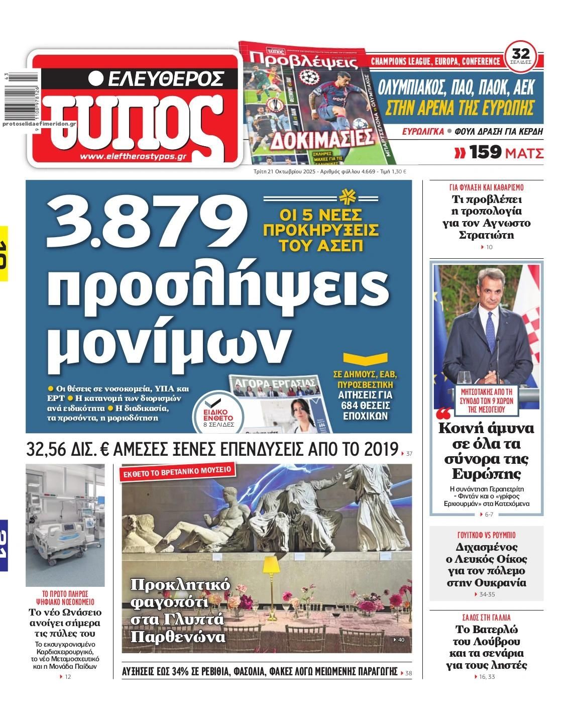 Πρωτοσέλιδο εφημερίδας Ελεύθερος Τύπος
