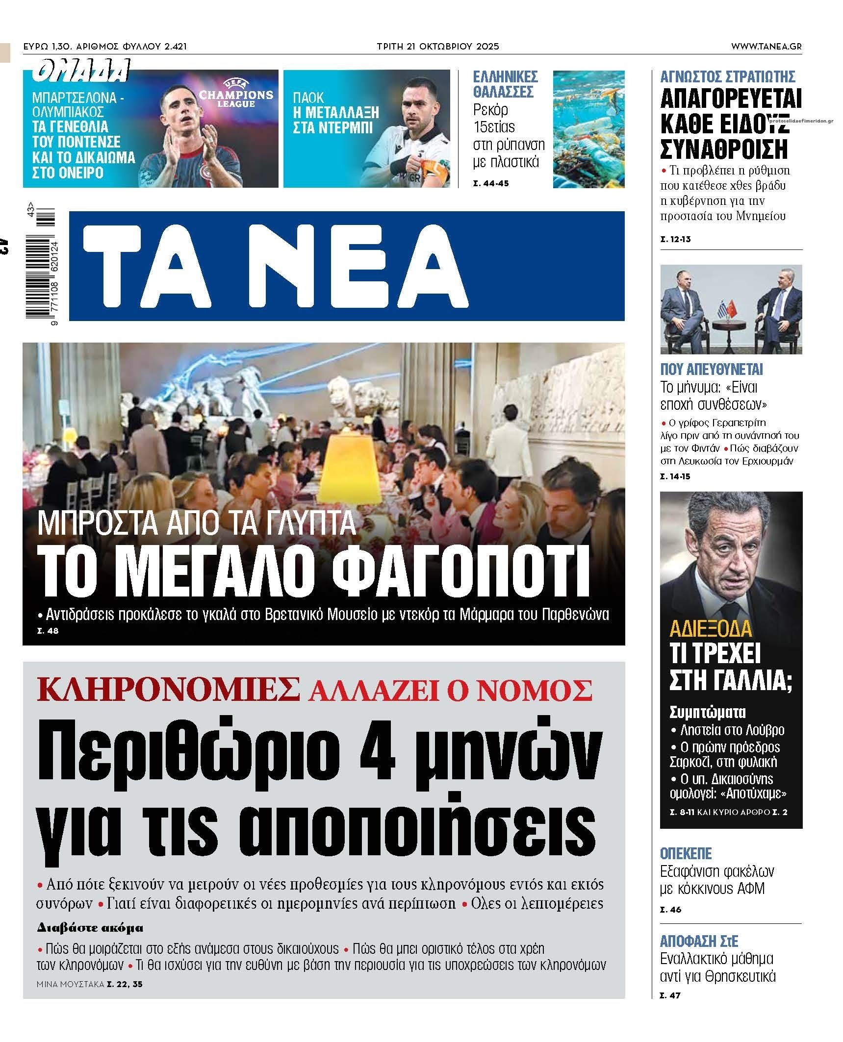 Πρωτοσέλιδο εφημερίδας Τα Νέα