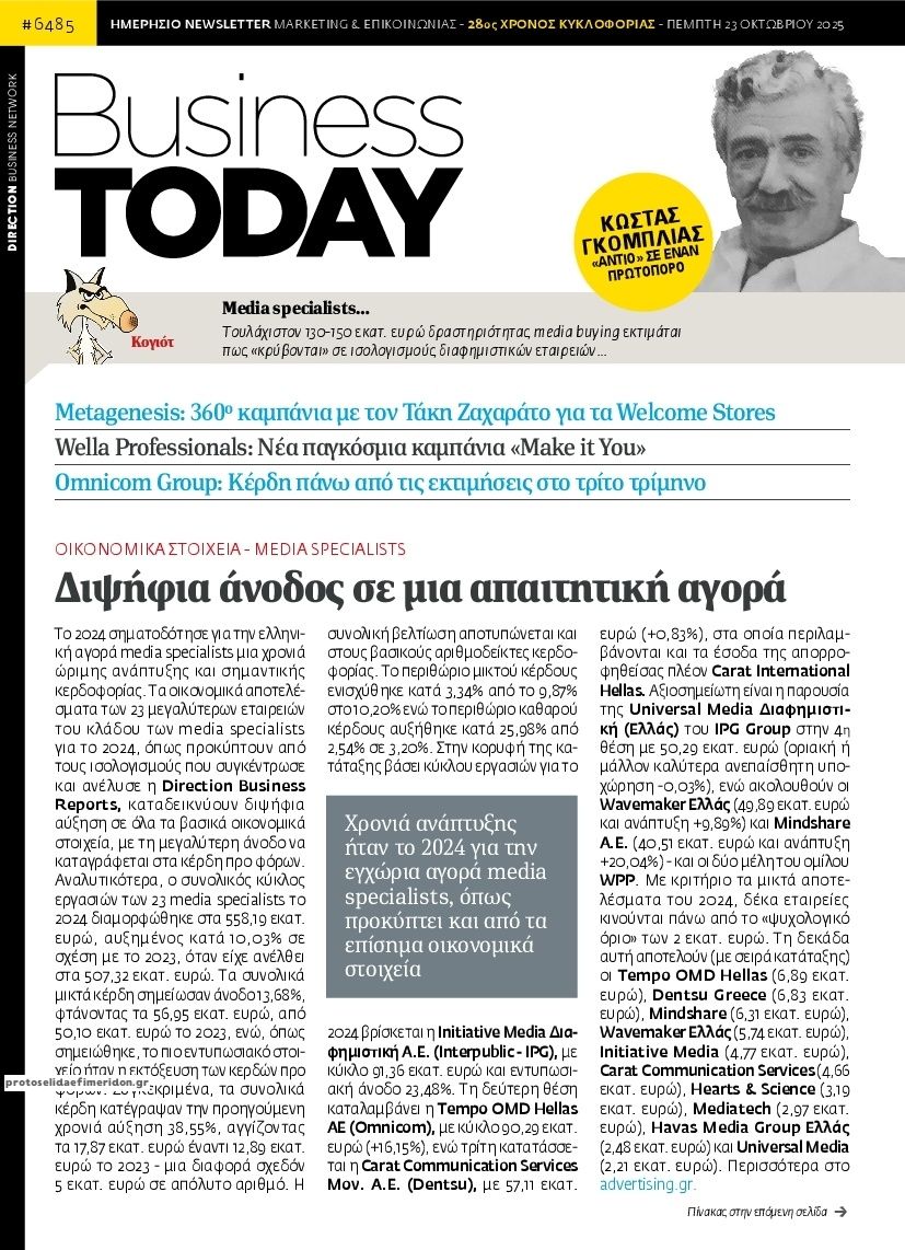 Πρωτοσέλιδο εφημερίδας Business Today