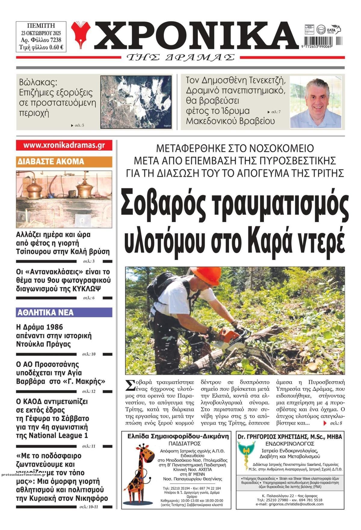 Πρωτοσέλιδο εφημερίδας Χρονικά Δράμας