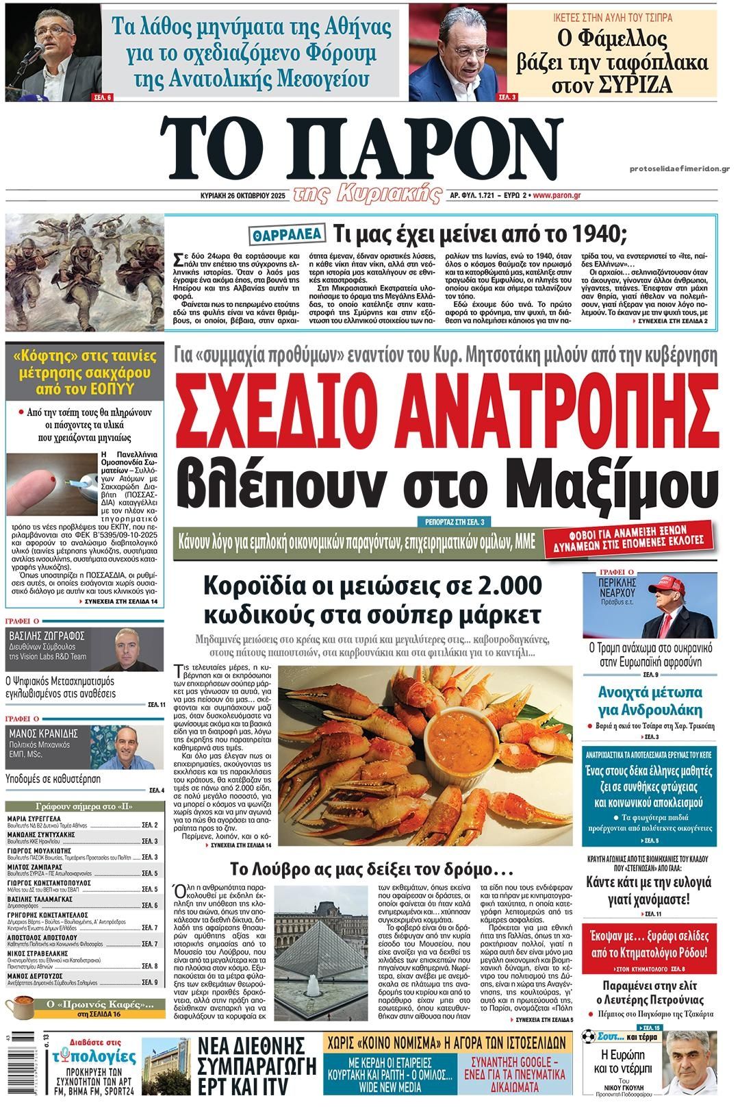 Πρωτοσέλιδο εφημερίδας Το Παρόν