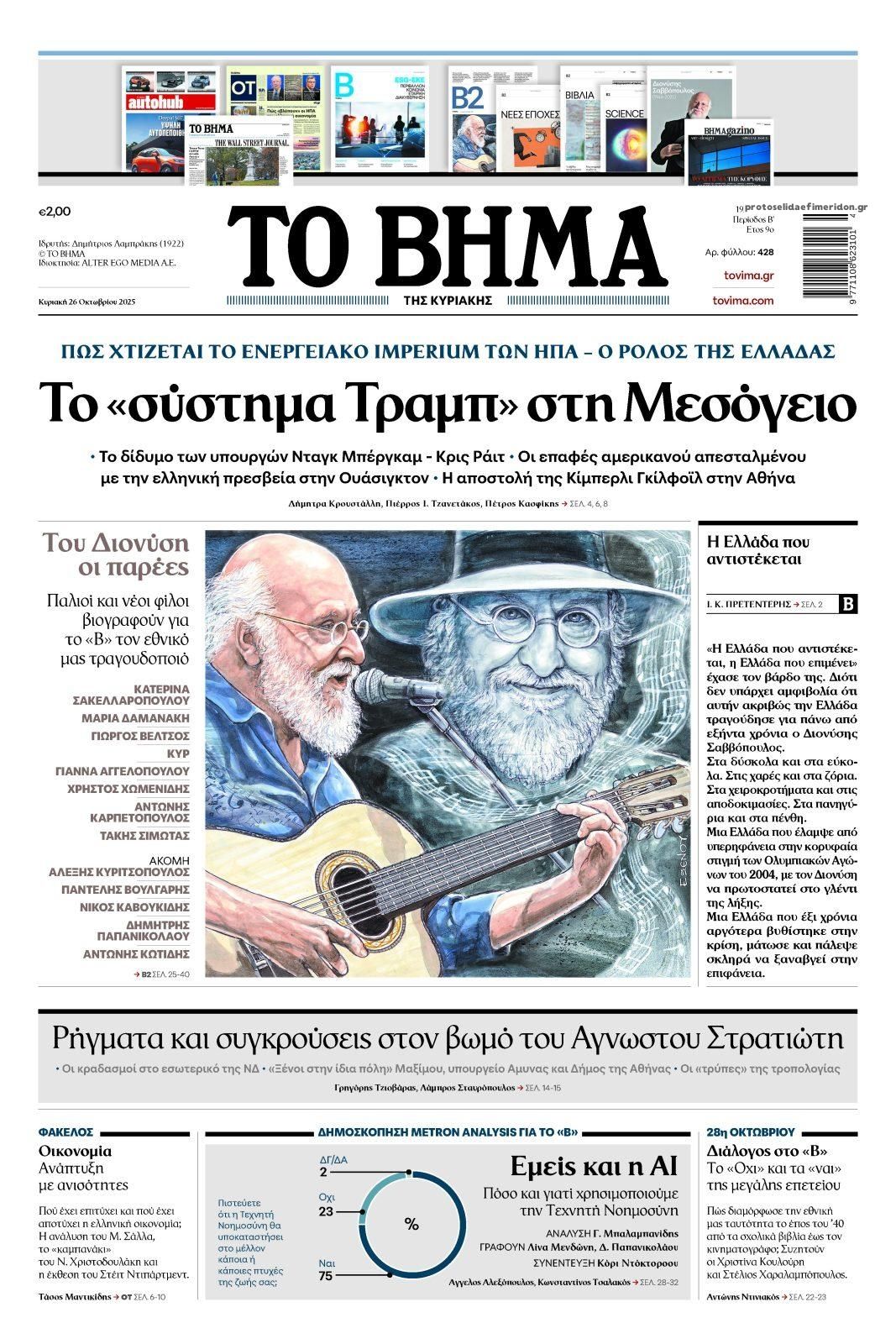 Πρωτοσέλιδο εφημερίδας Το Βήμα της Κυριακής