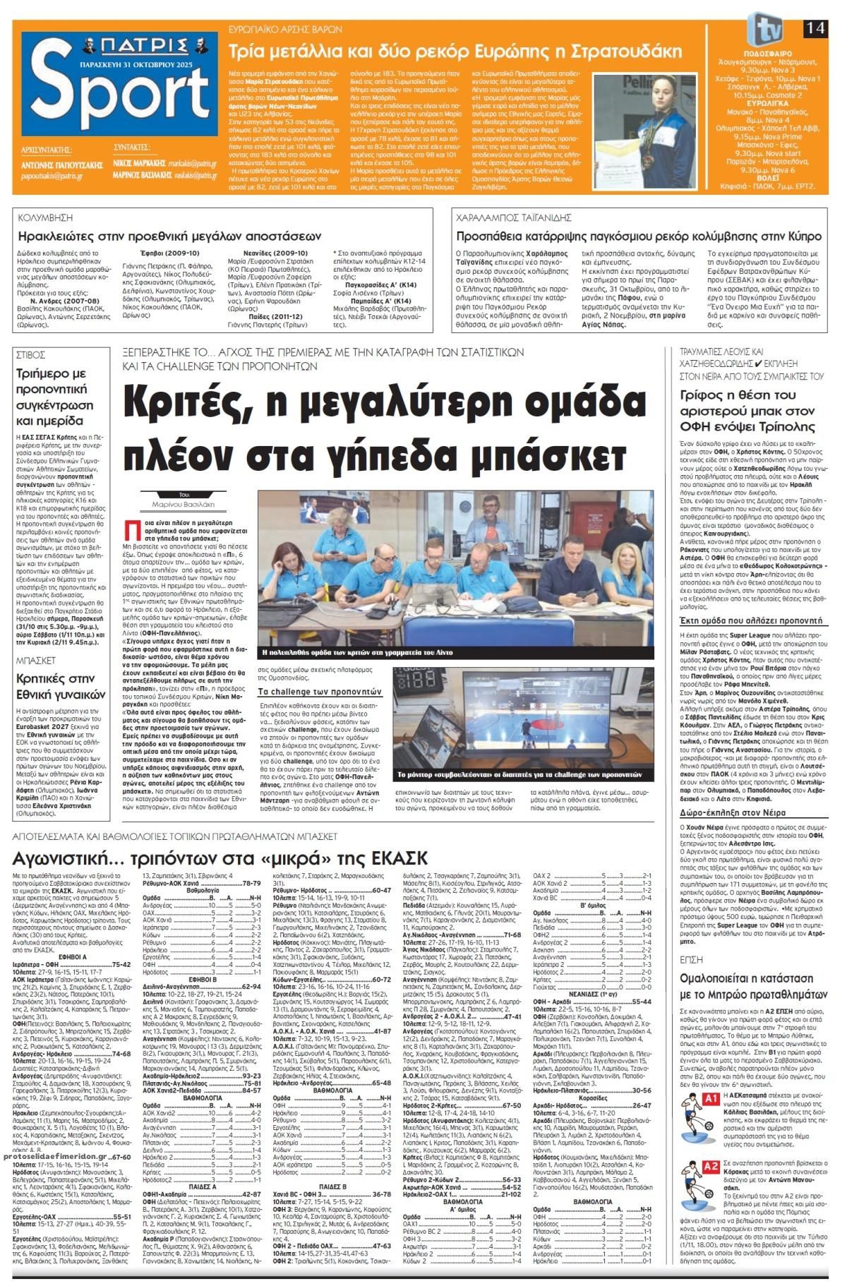 Πρωτοσέλιδο εφημερίδας Πατρίς Σπορ
