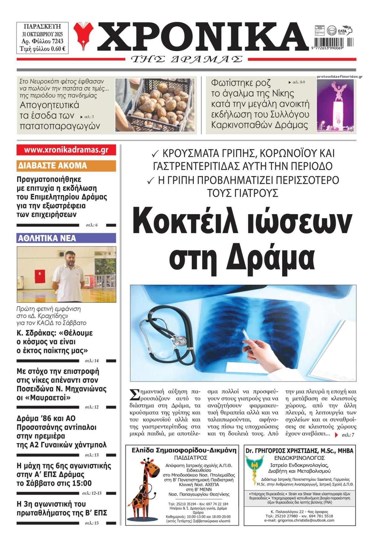 Πρωτοσέλιδο εφημερίδας Χρονικά Δράμας