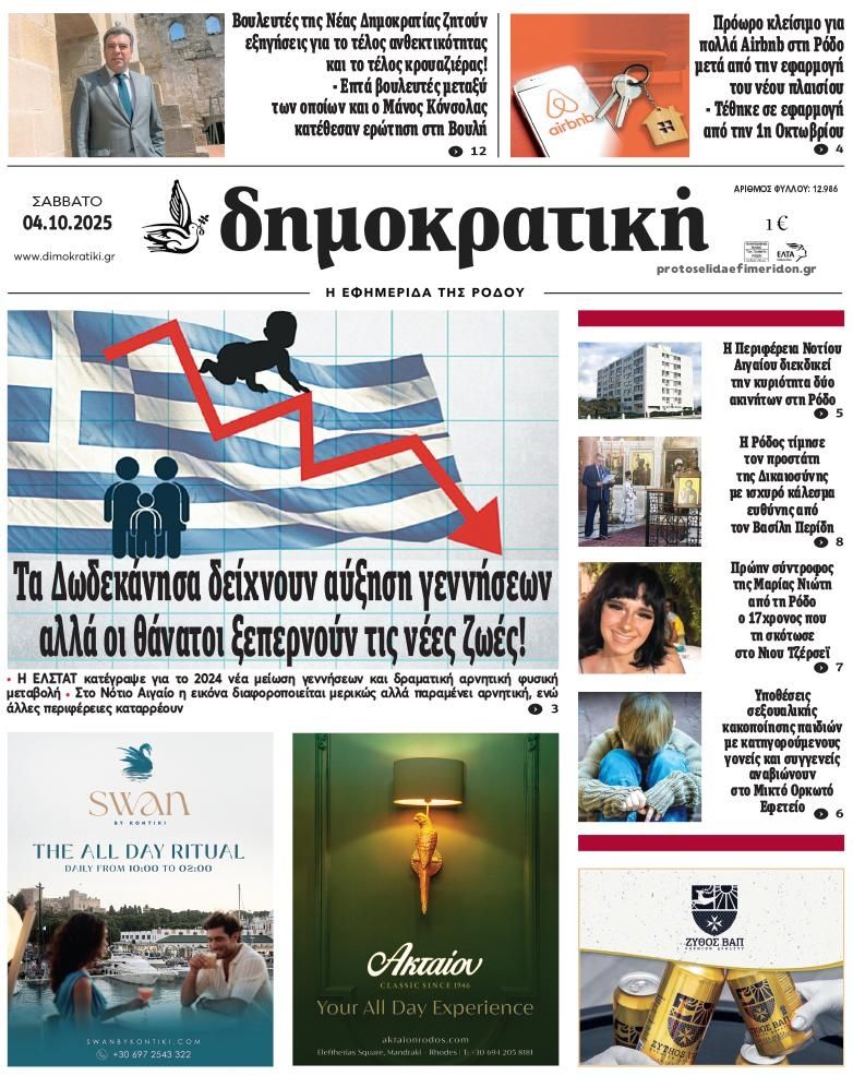 Πρωτοσέλιδο εφημερίδας Δημοκρατική