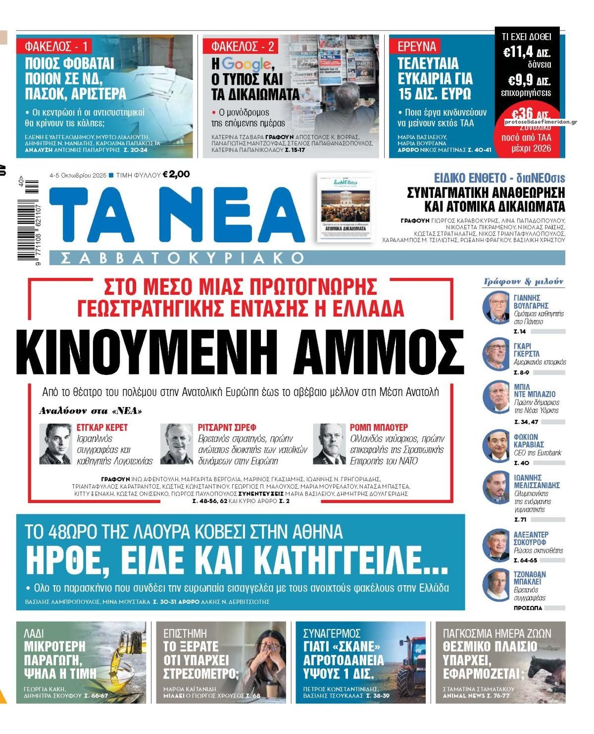 Πρωτοσέλιδο εφημερίδας Τα Νέα