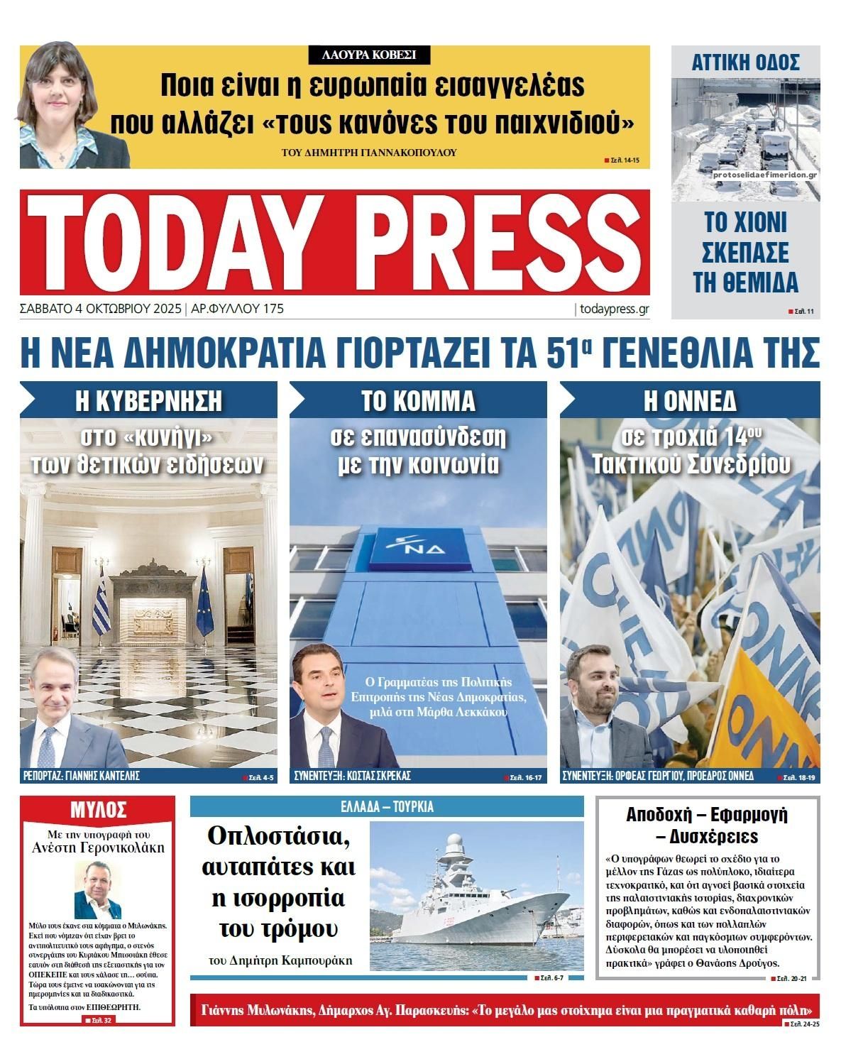 Πρωτοσέλιδο εφημερίδας Today Free Press