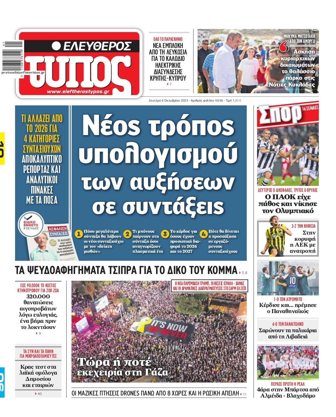 Πρωτοσέλιδο εφημερίδας Ελεύθερος Τύπος