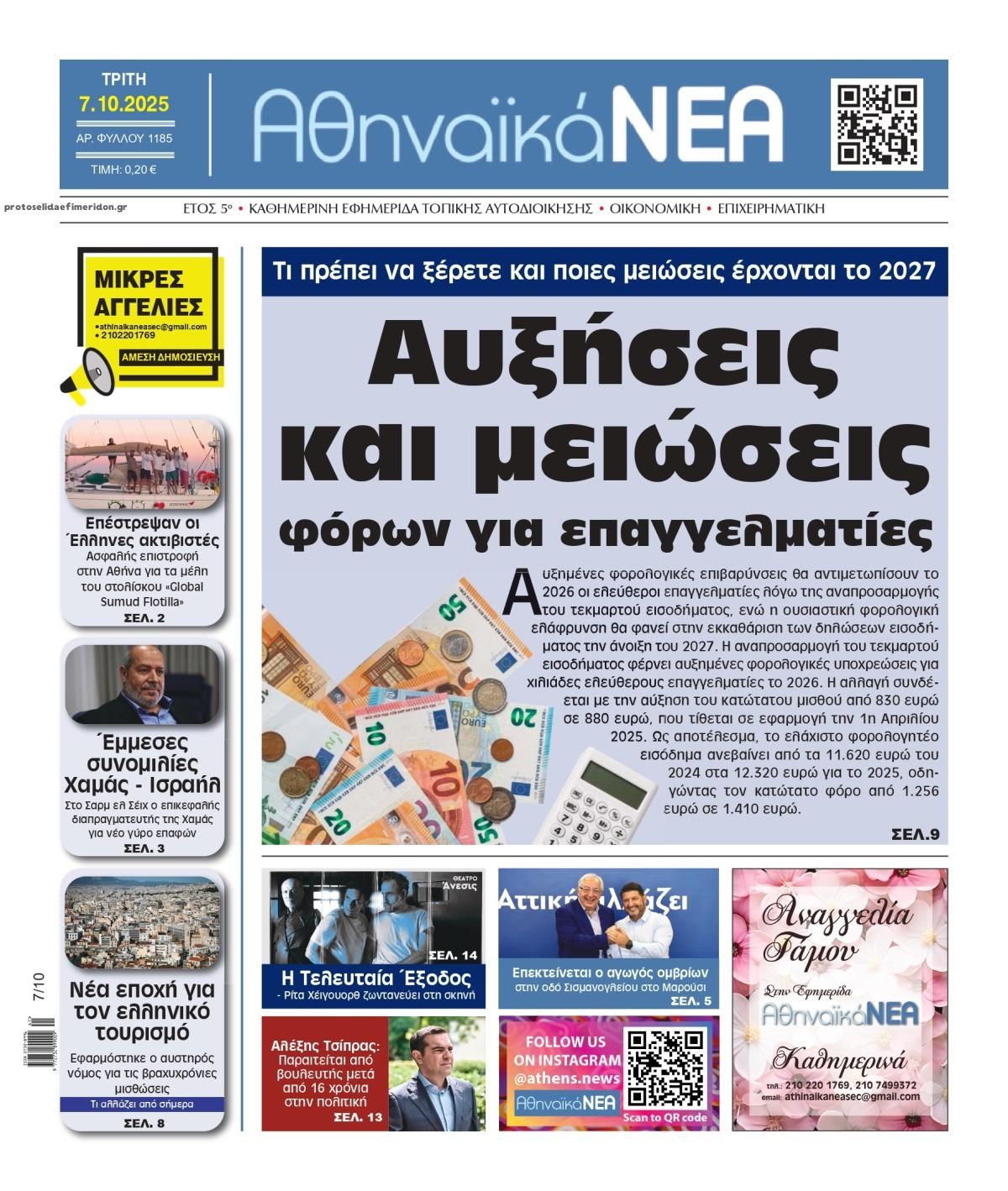 Πρωτοσέλιδο εφημερίδας Αθηναϊκά Νέα