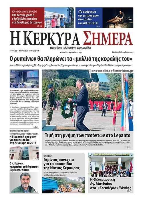 Πρωτοσέλιδο εφημερίδας Η Κέρκυρα Σήμερα