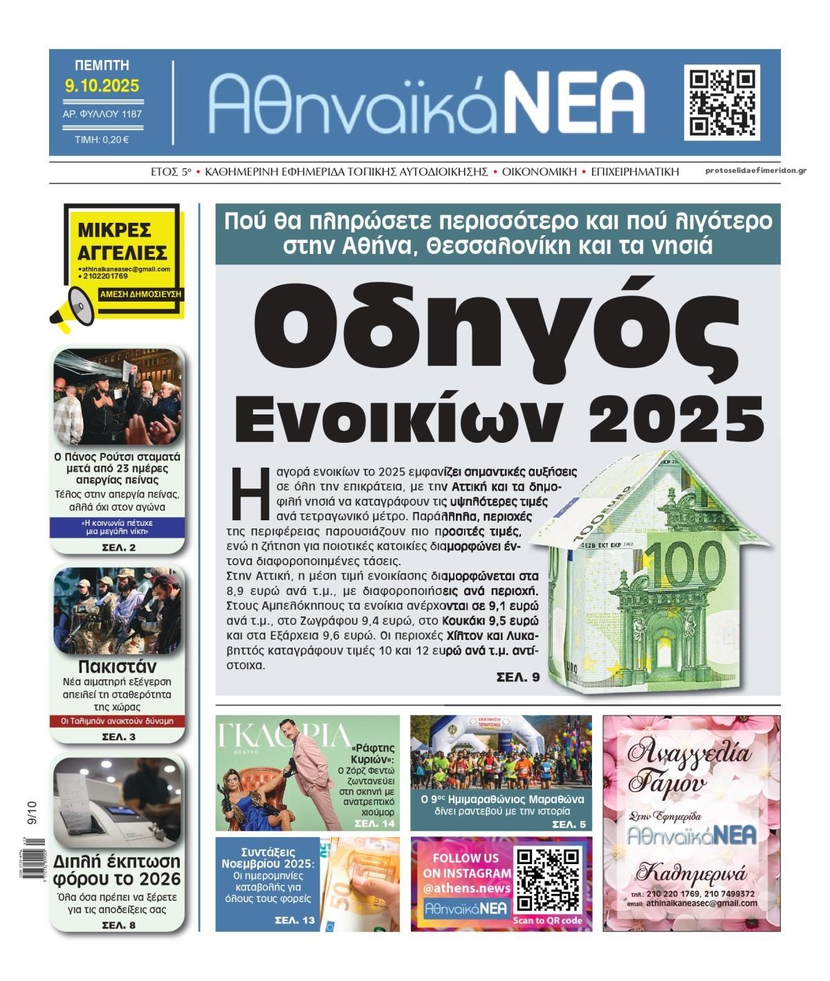 Πρωτοσέλιδο εφημερίδας Αθηναϊκά Νέα