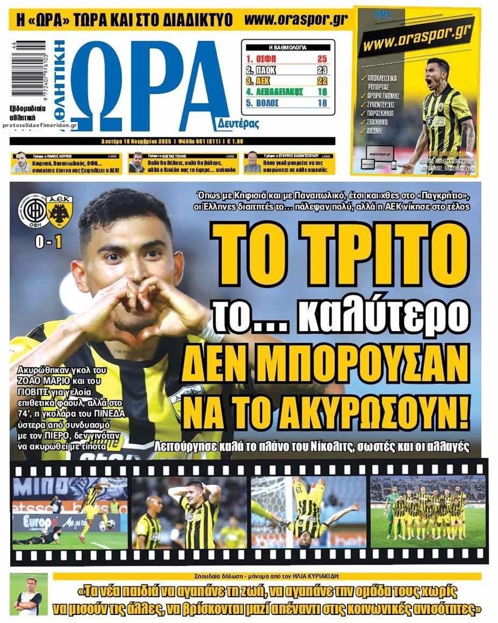 Πρωτοσέλιδο εφημερίδας Η ώρα των Σπορ