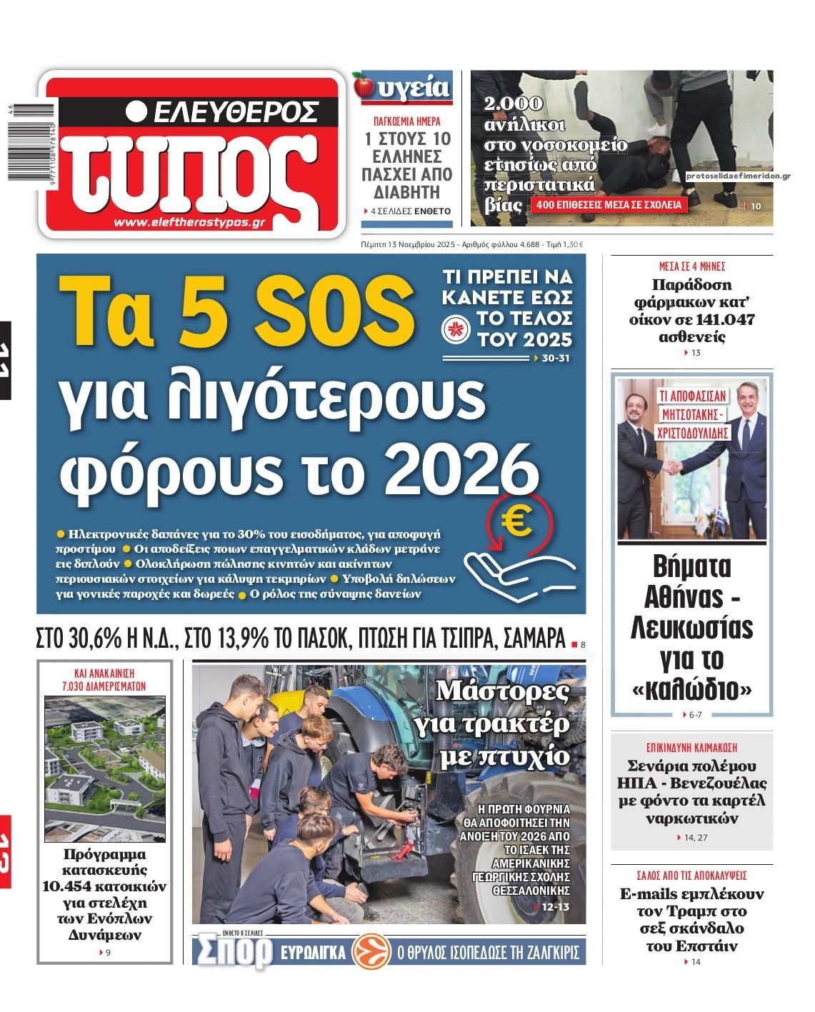 Πρωτοσέλιδο εφημερίδας Ελεύθερος Τύπος