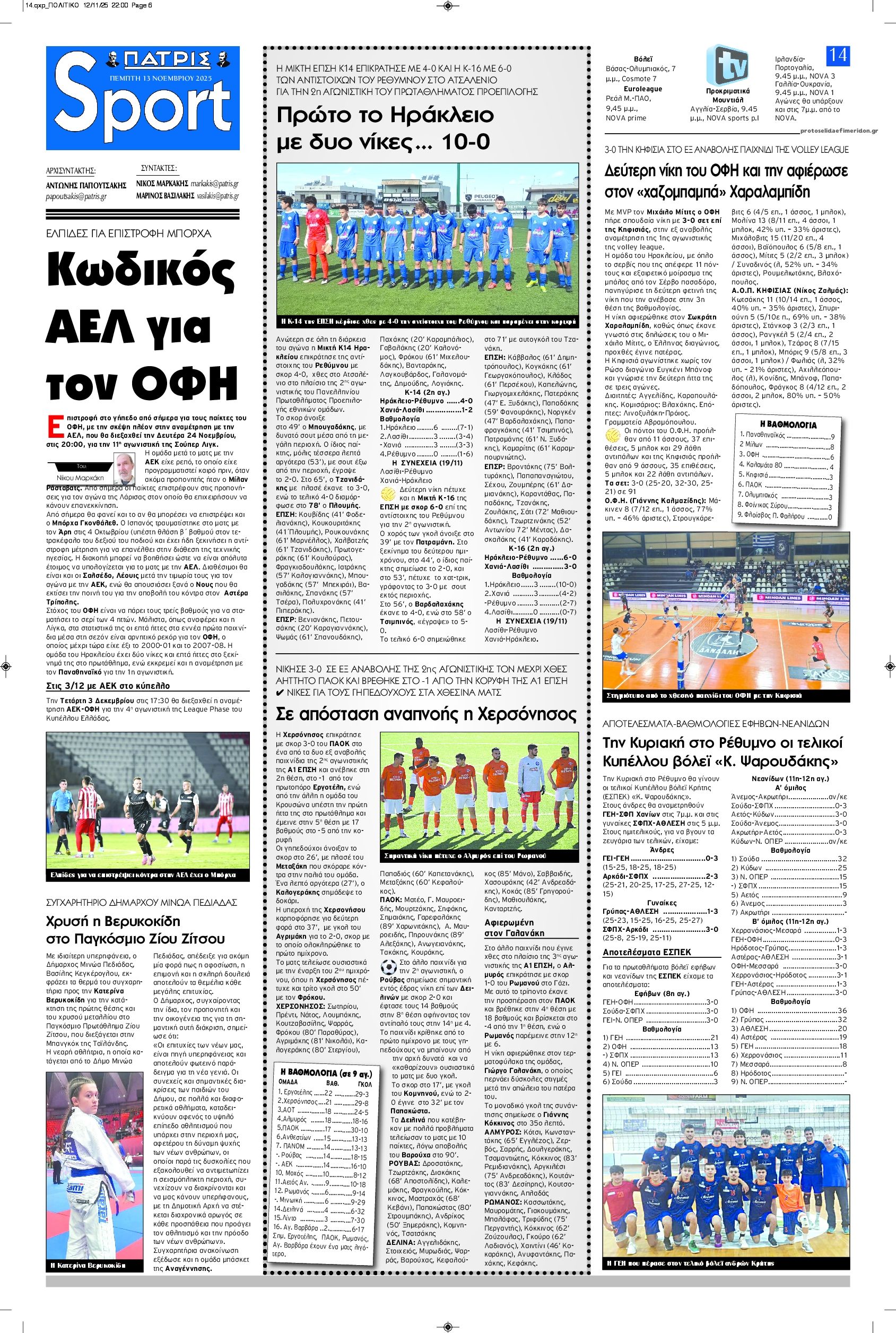 Πρωτοσέλιδο εφημερίδας Πατρίς Σπορ