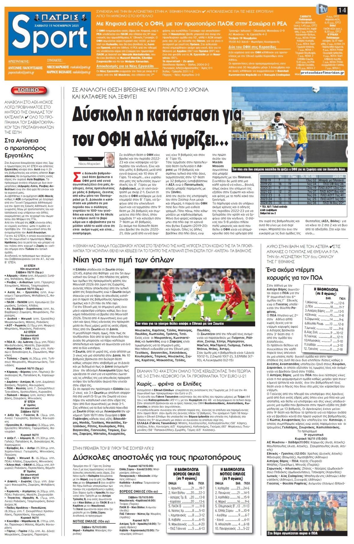 Πρωτοσέλιδο εφημερίδας Πατρίς Σπορ