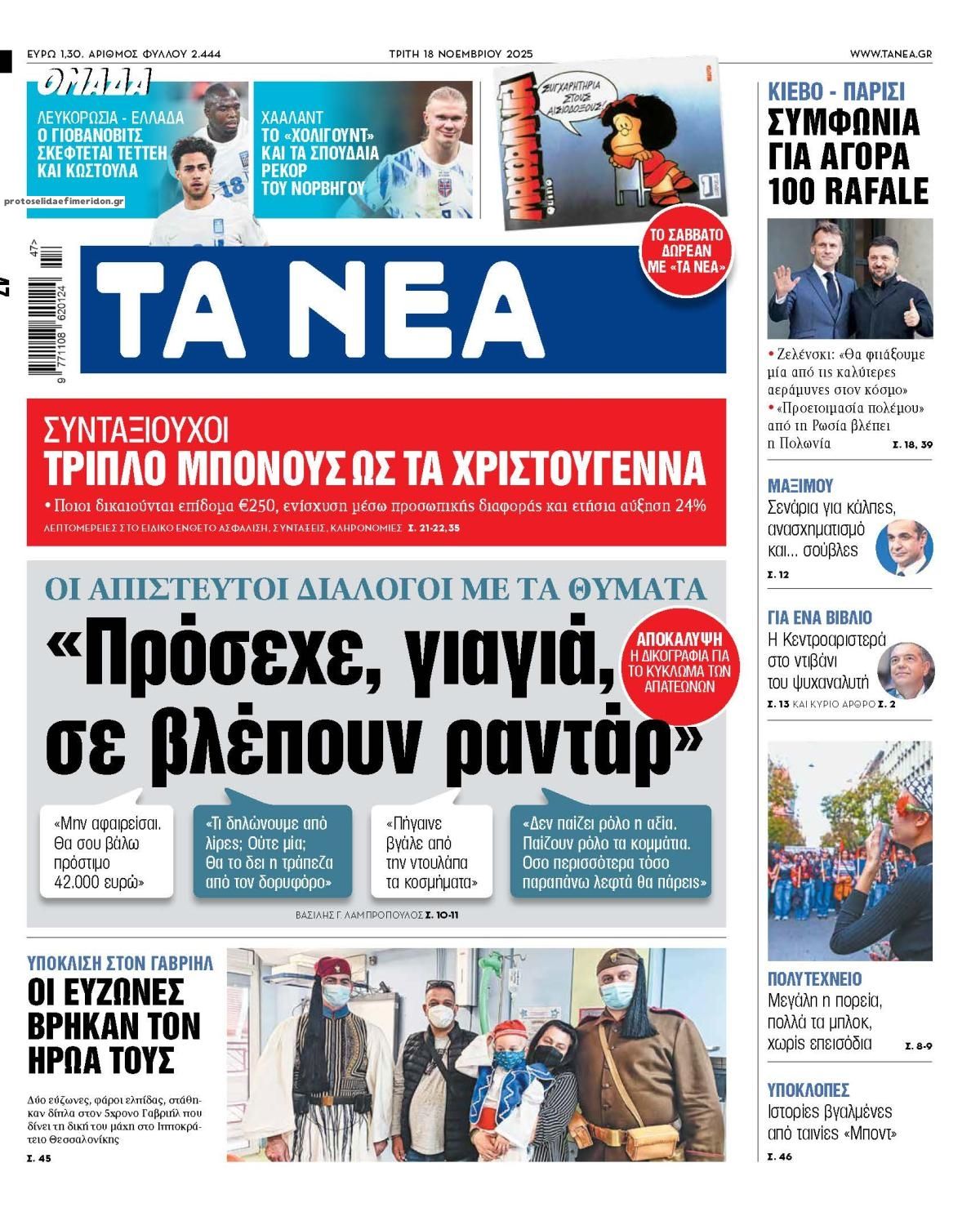 Πρωτοσέλιδο εφημερίδας Τα Νέα