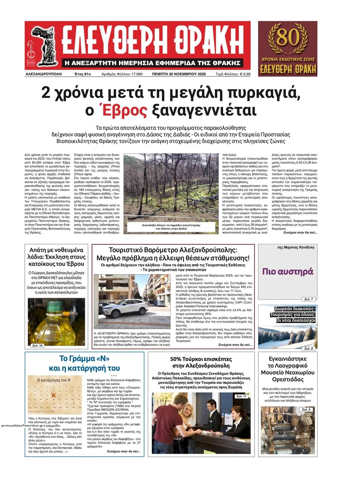 Πρωτοσέλιδο εφημερίδας Ελεύθερη Θράκη