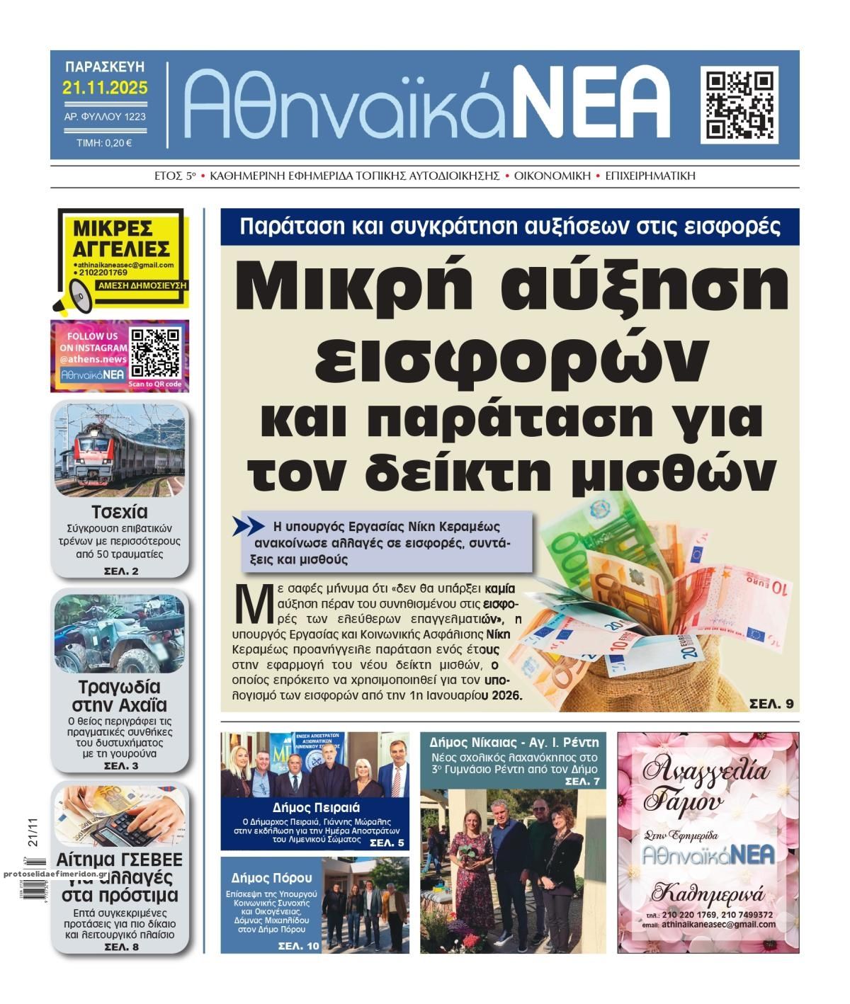 Πρωτοσέλιδο εφημερίδας Αθηναϊκά Νέα