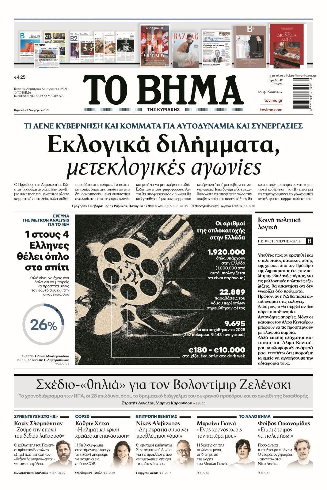 Πρωτοσέλιδο εφημερίδας Το Βήμα της Κυριακής