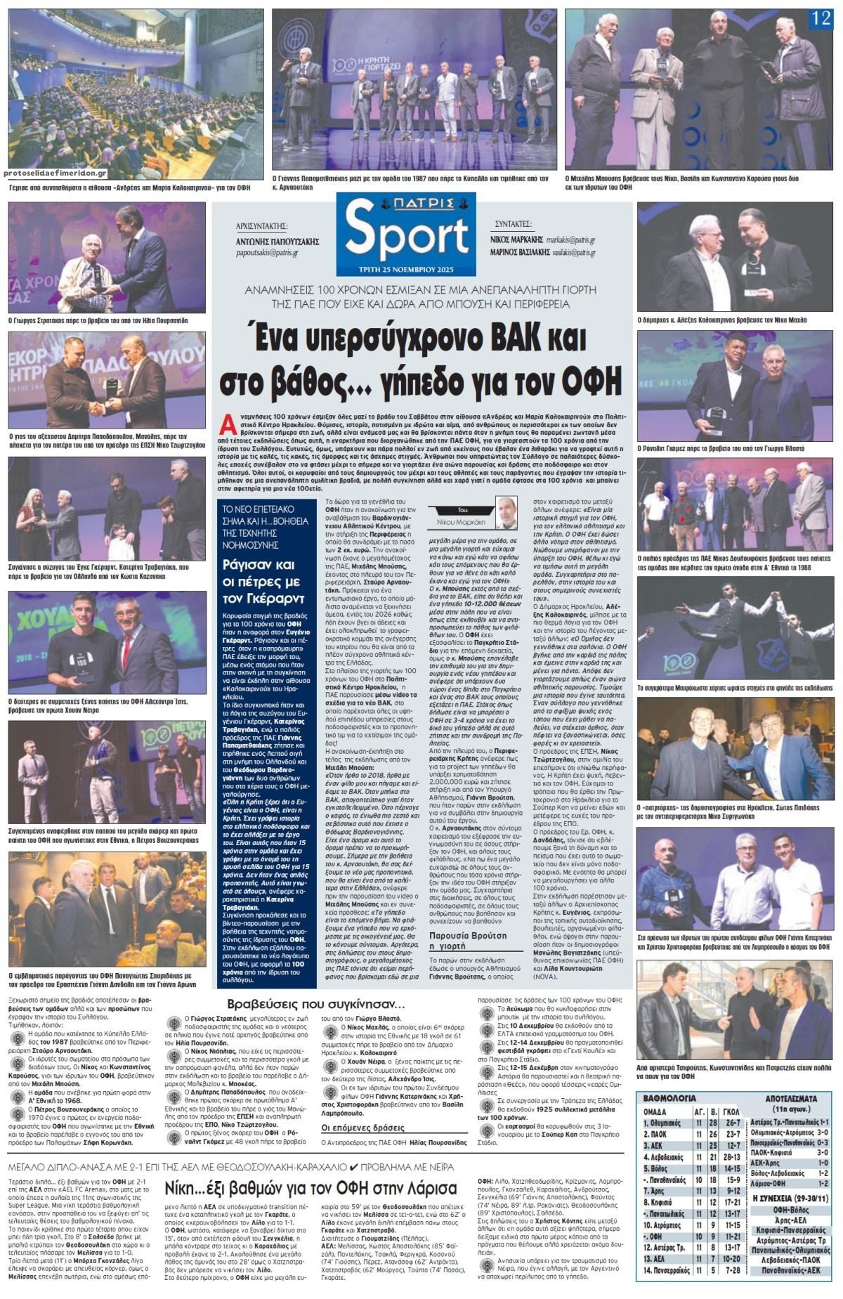 Πρωτοσέλιδο εφημερίδας Πατρίς Σπορ