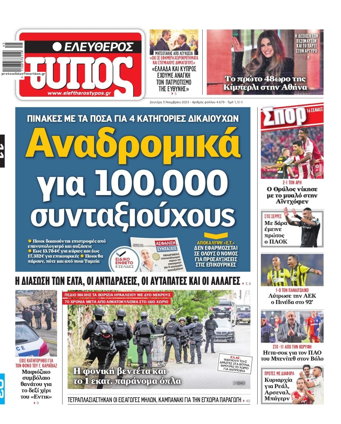 Πρωτοσέλιδο εφημερίδας Ελεύθερος Τύπος