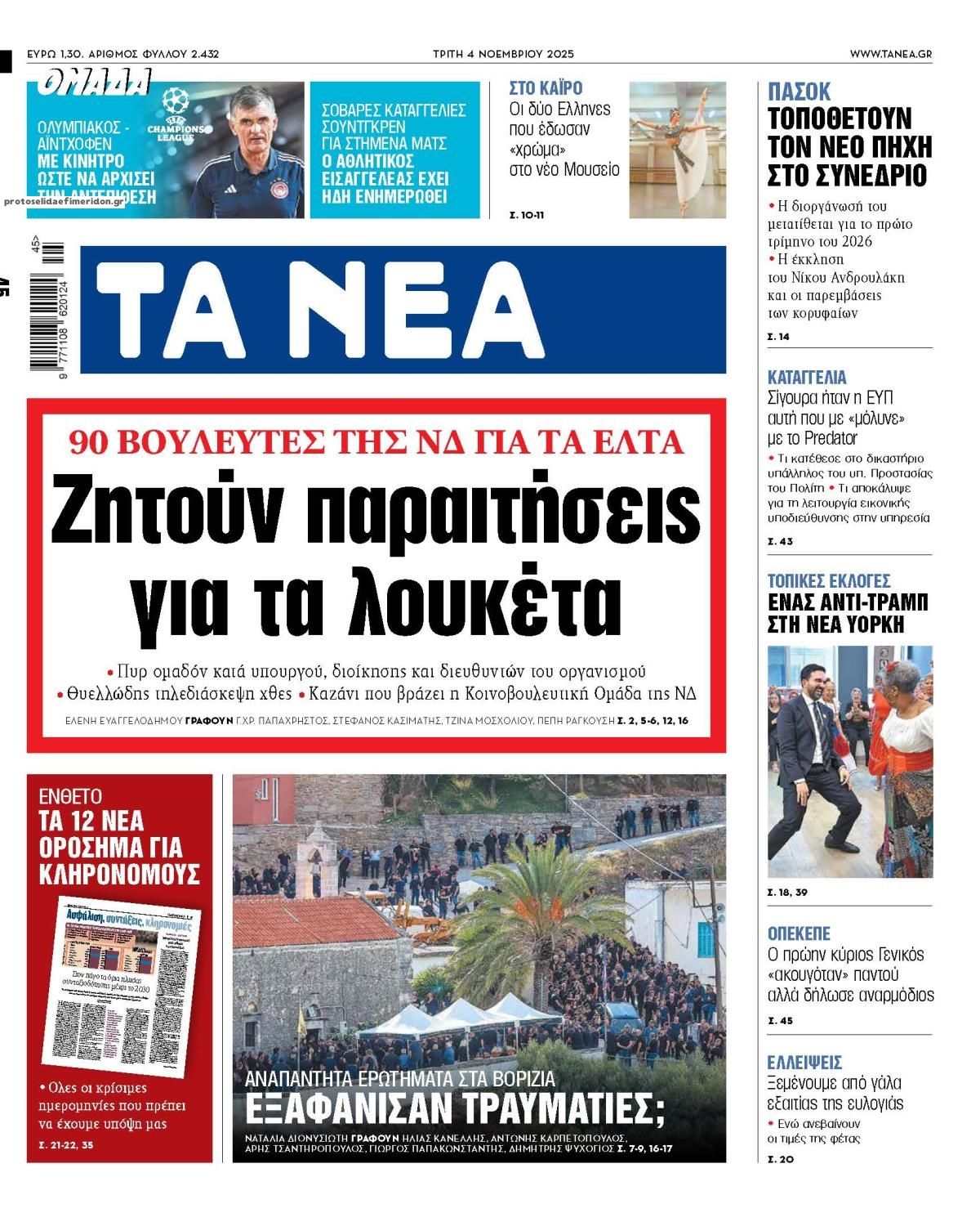 Πρωτοσέλιδο εφημερίδας Τα Νέα