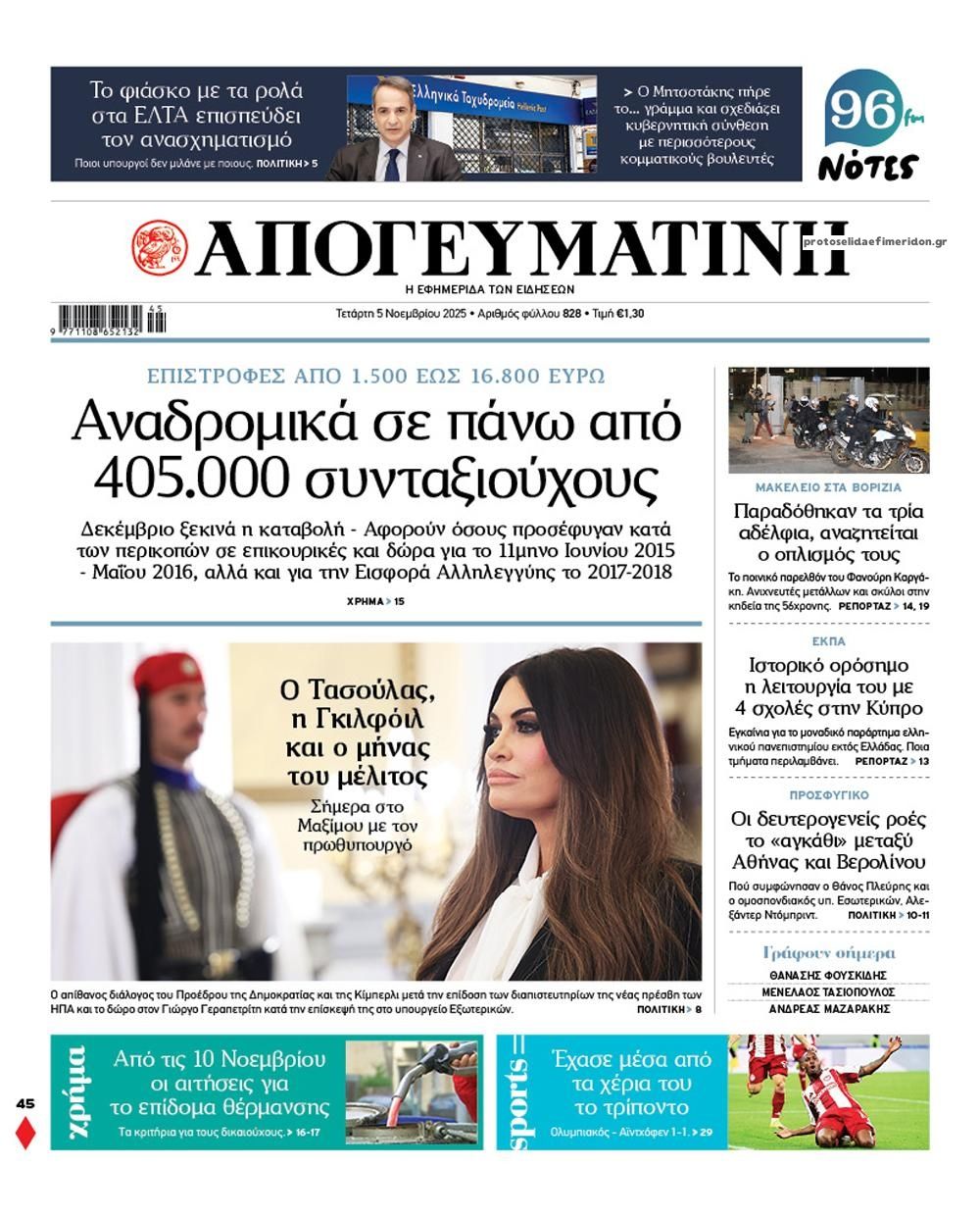 Πρωτοσέλιδο εφημερίδας Απογευματινή