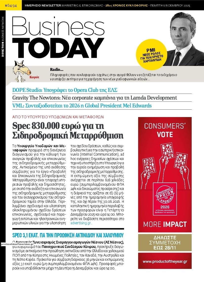 Πρωτοσέλιδο εφημερίδας Business Today