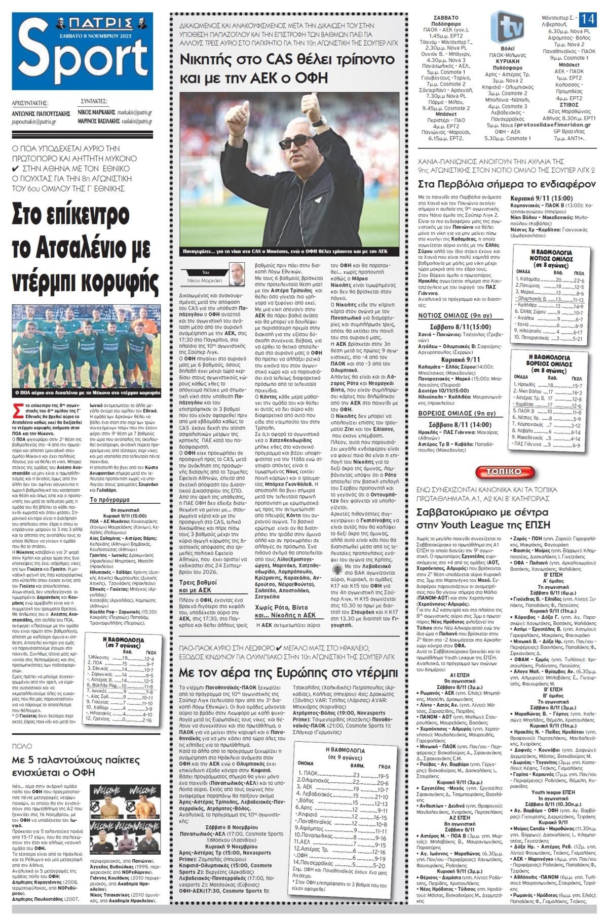 Πρωτοσέλιδο εφημερίδας Πατρίς Σπορ