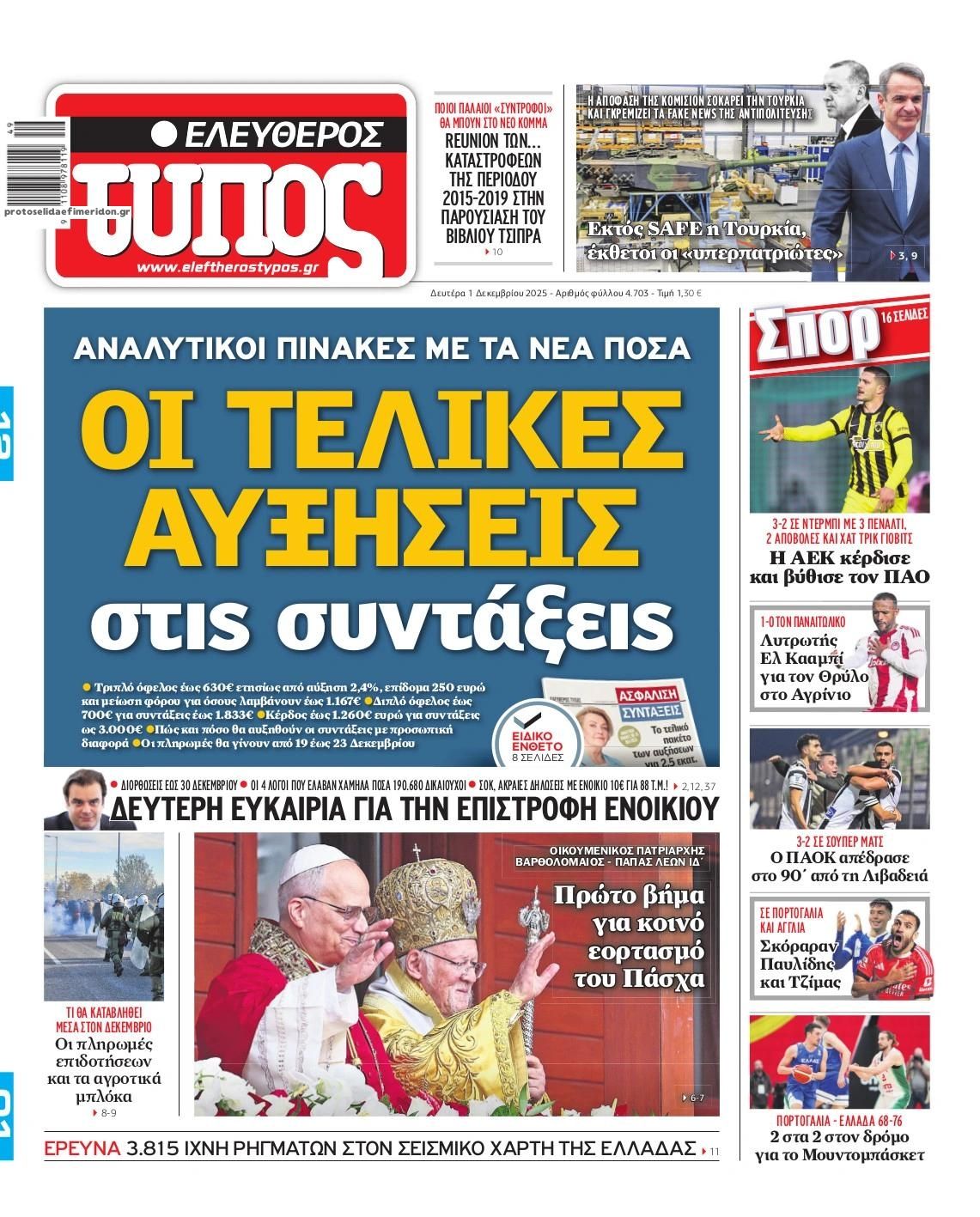 Πρωτοσέλιδο εφημερίδας Ελεύθερος Τύπος