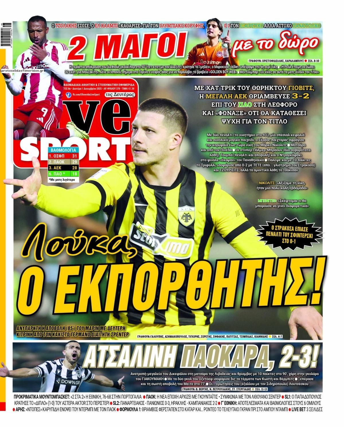 Πρωτοσέλιδο εφημερίδας Livesport