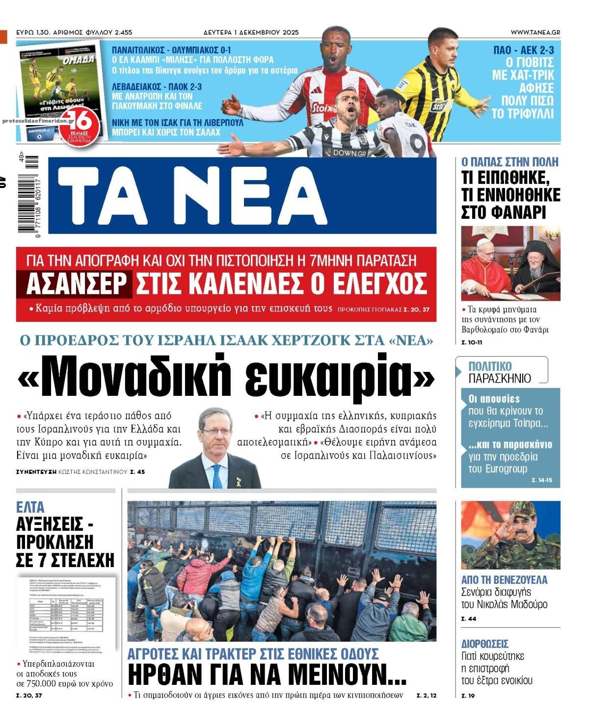 Πρωτοσέλιδο εφημερίδας Τα Νέα