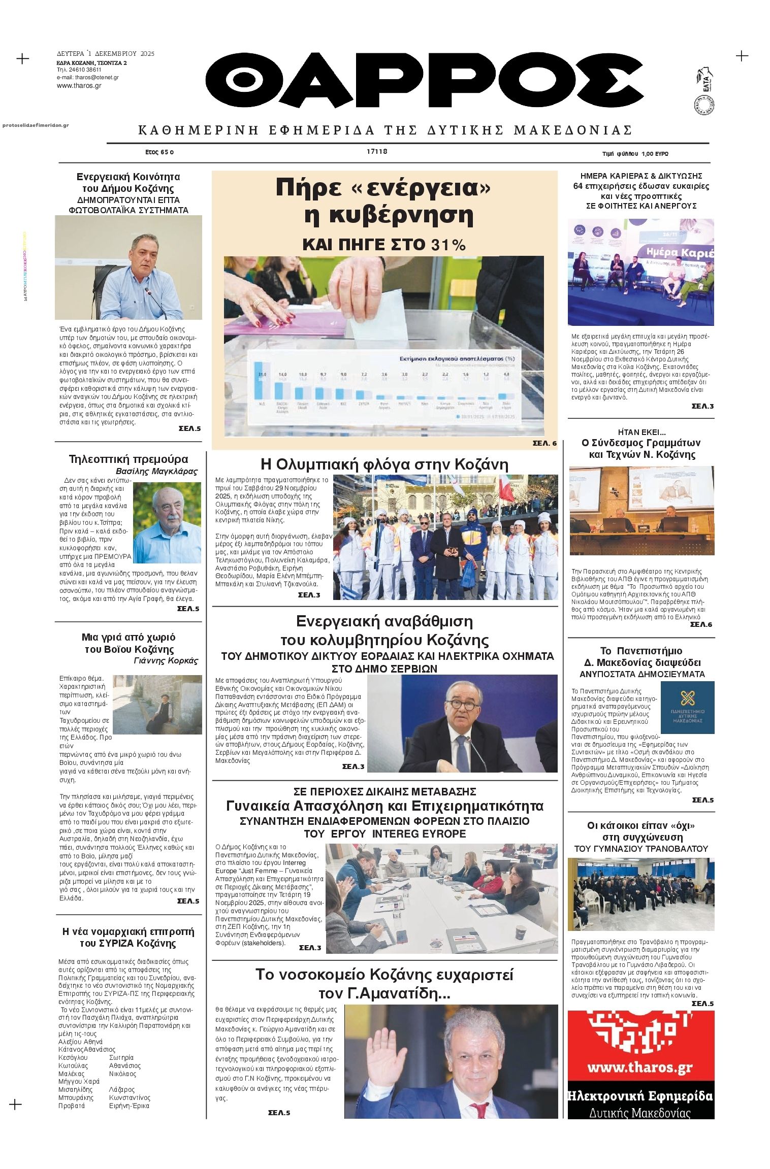 Πρωτοσέλιδο εφημερίδας Θάρρος Κοζάνης