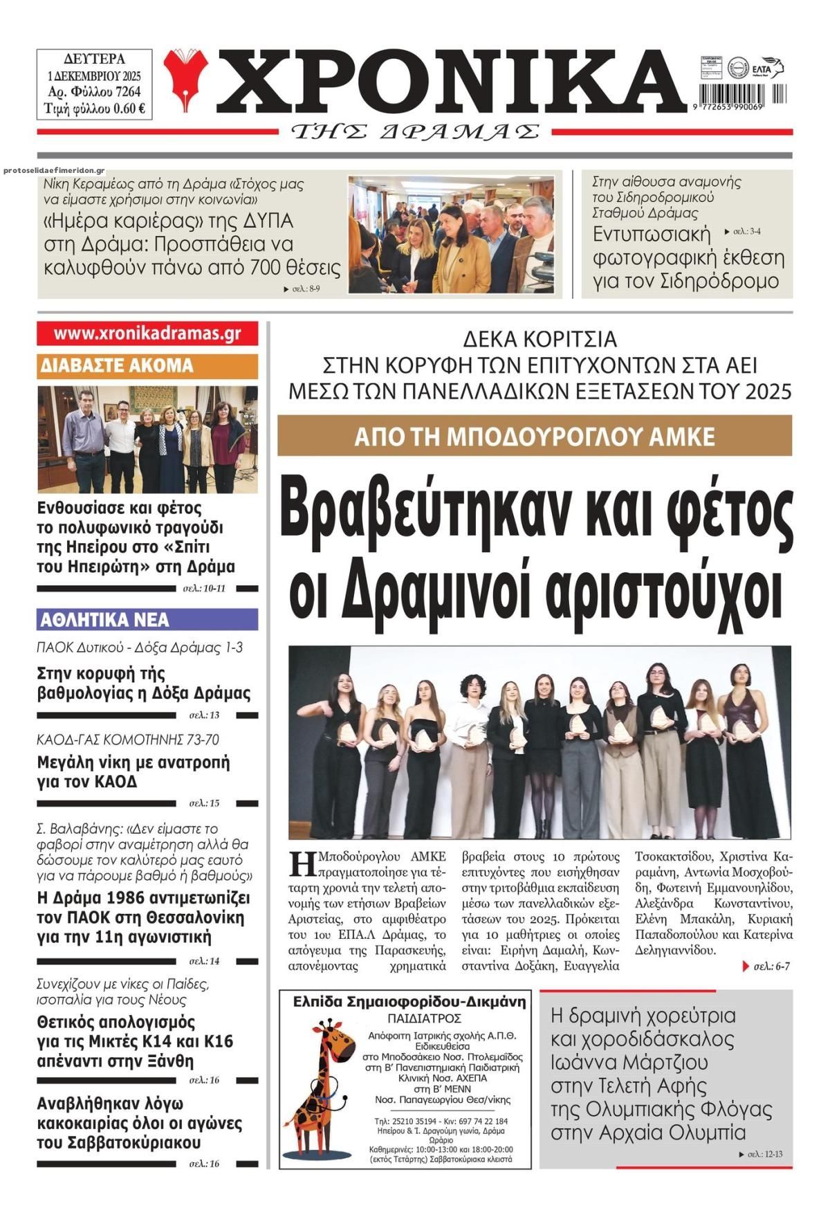 Πρωτοσέλιδο εφημερίδας Χρονικά Δράμας