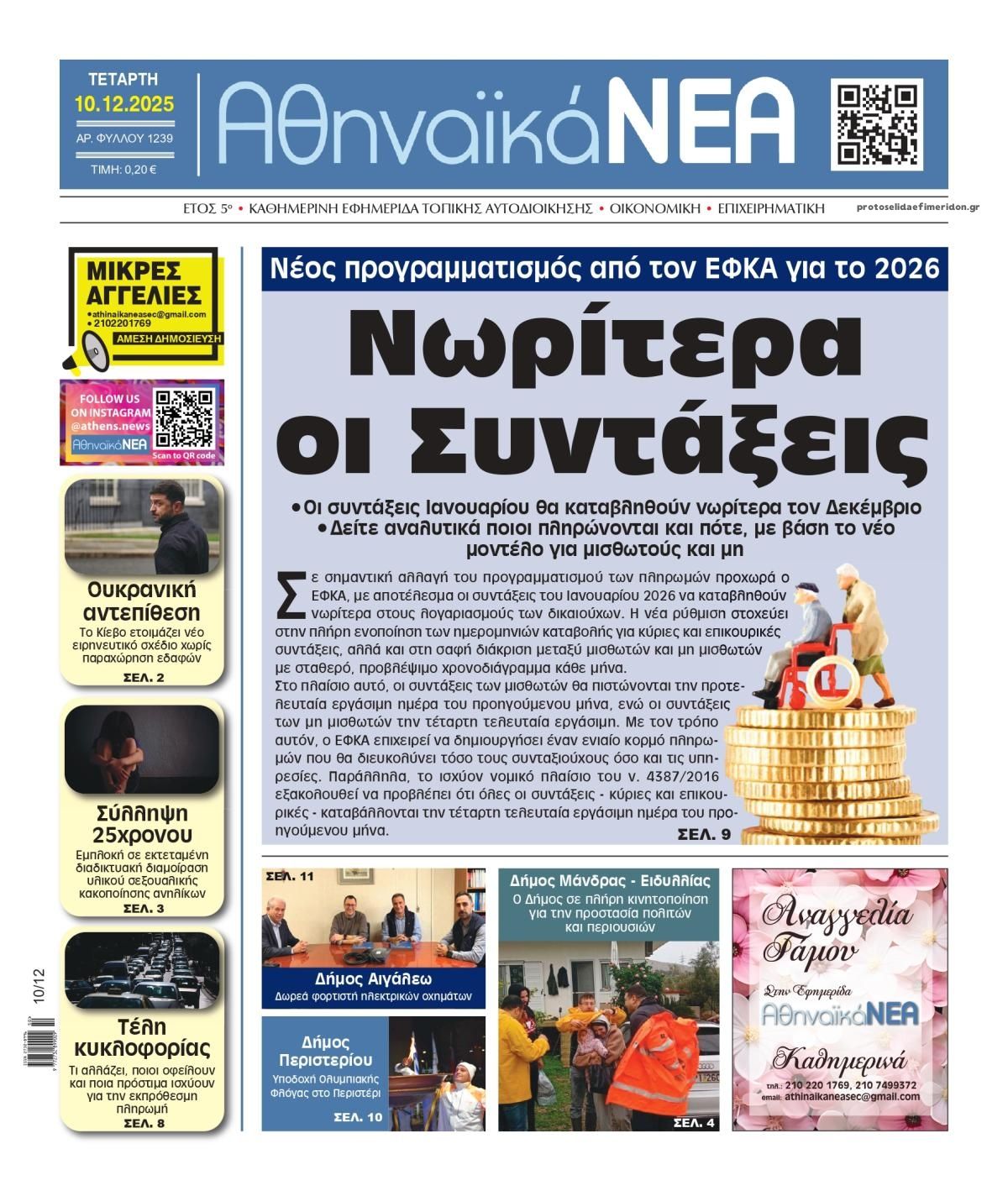 Πρωτοσέλιδο εφημερίδας Αθηναϊκά Νέα