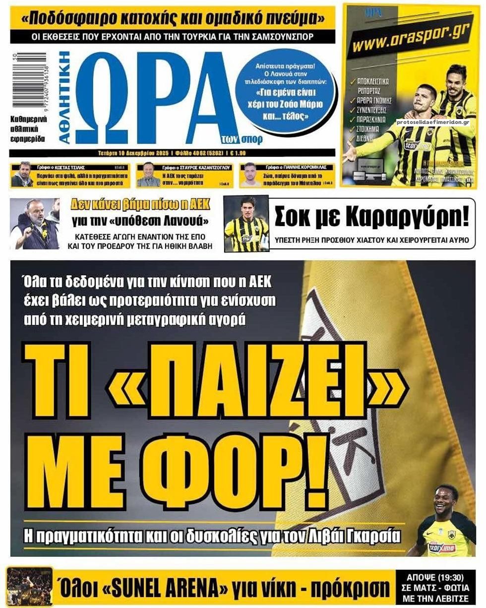 Πρωτοσέλιδο εφημερίδας Η ώρα των Σπορ