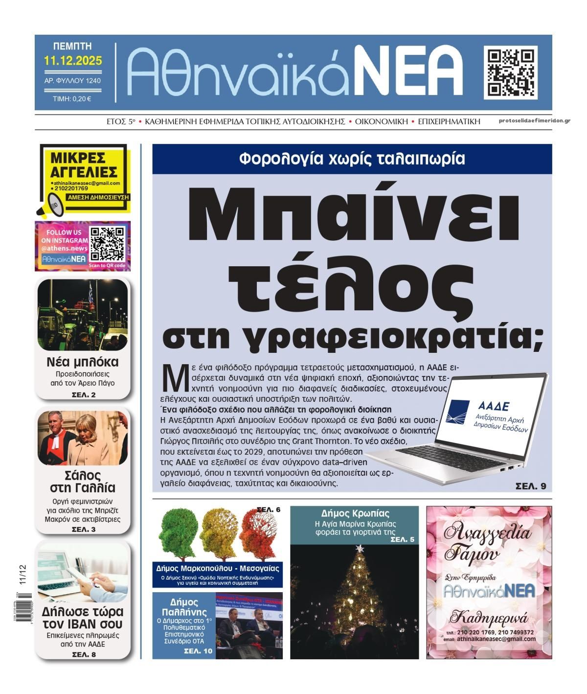 Πρωτοσέλιδο εφημερίδας Αθηναϊκά Νέα