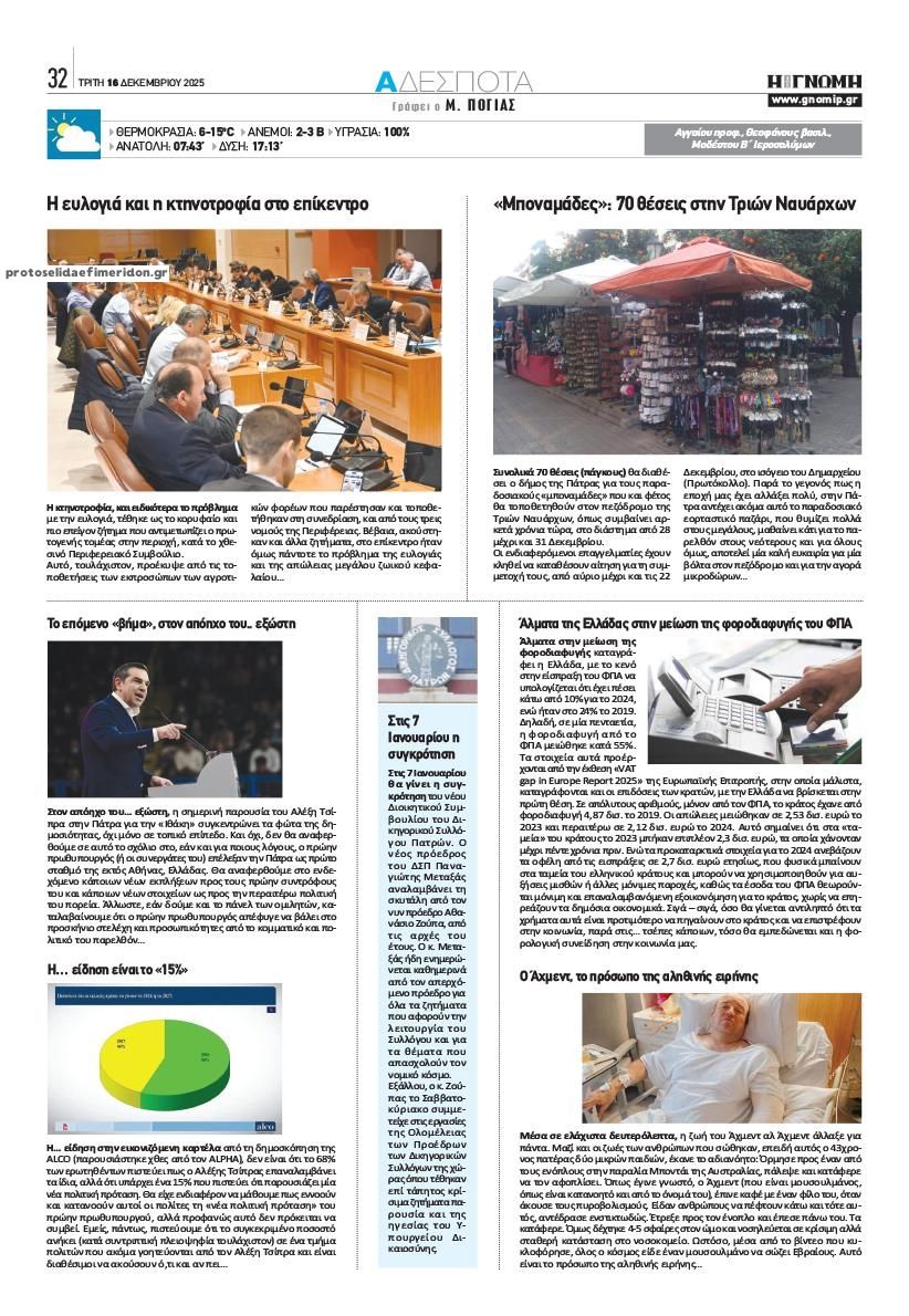 Οπισθόφυλλο εφημερίδας Γνώμη της Πάτρας