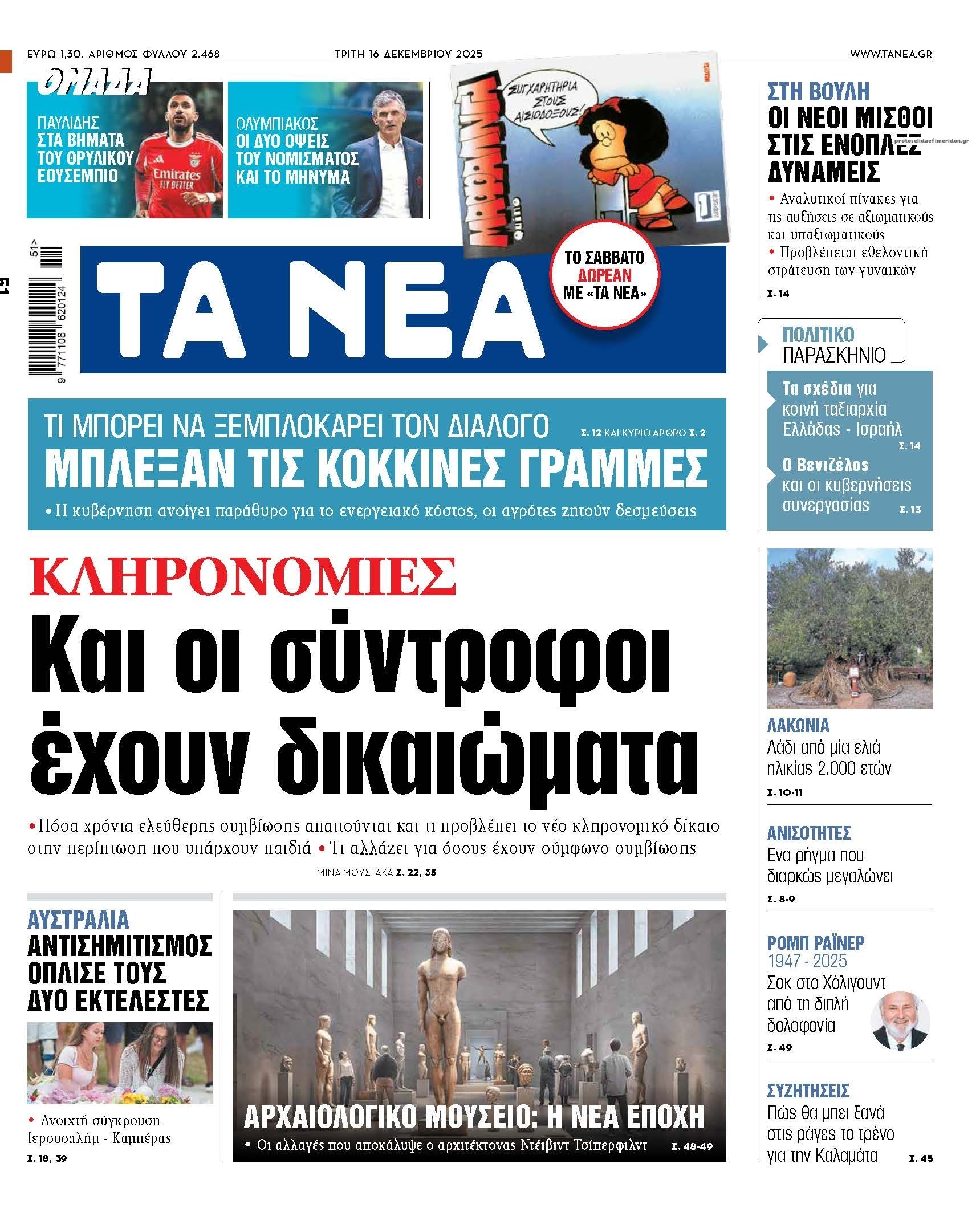 Πρωτοσέλιδο εφημερίδας Τα Νέα