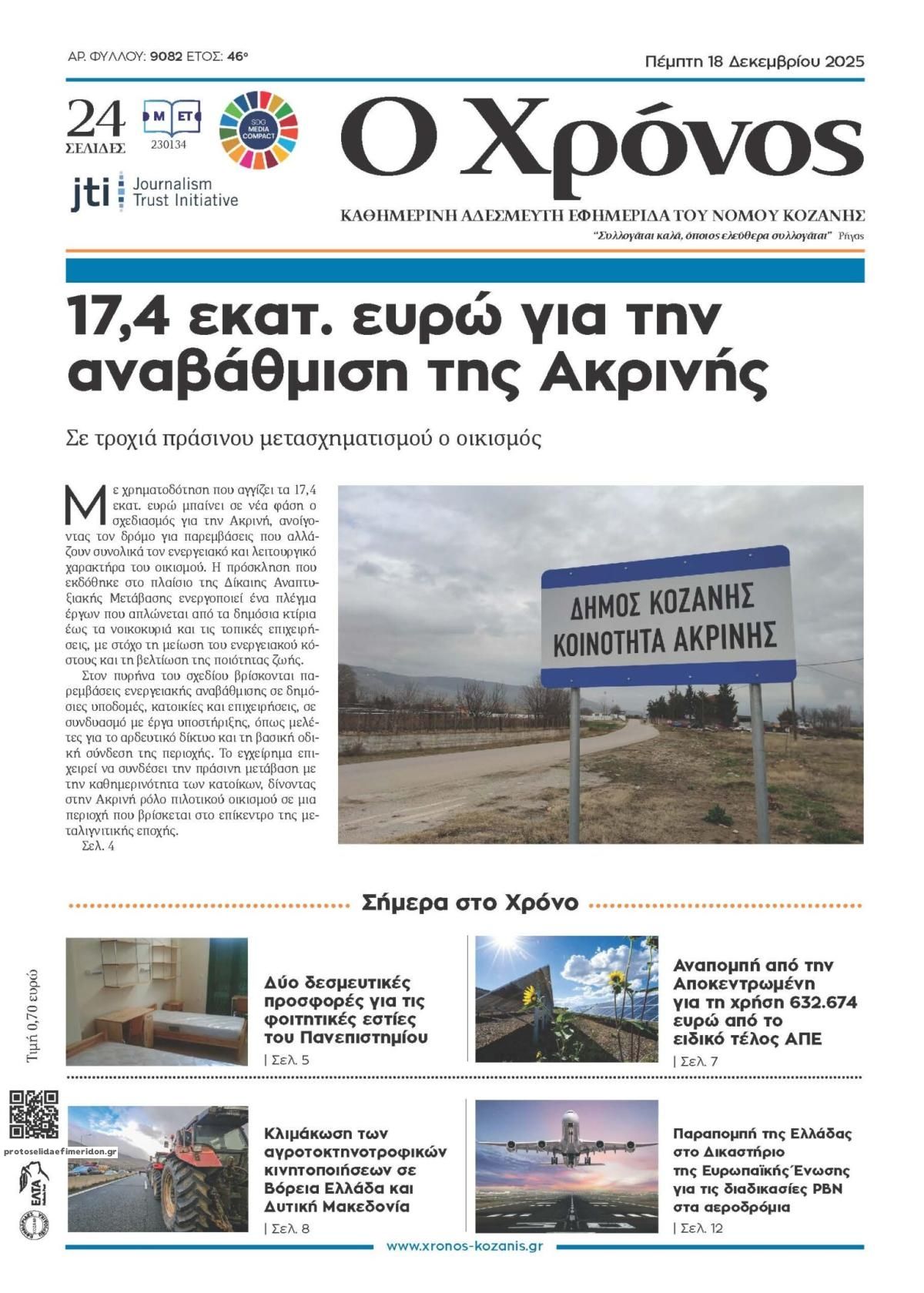 Πρωτοσέλιδο εφημερίδας Ο Χρόνος Κοζάνης