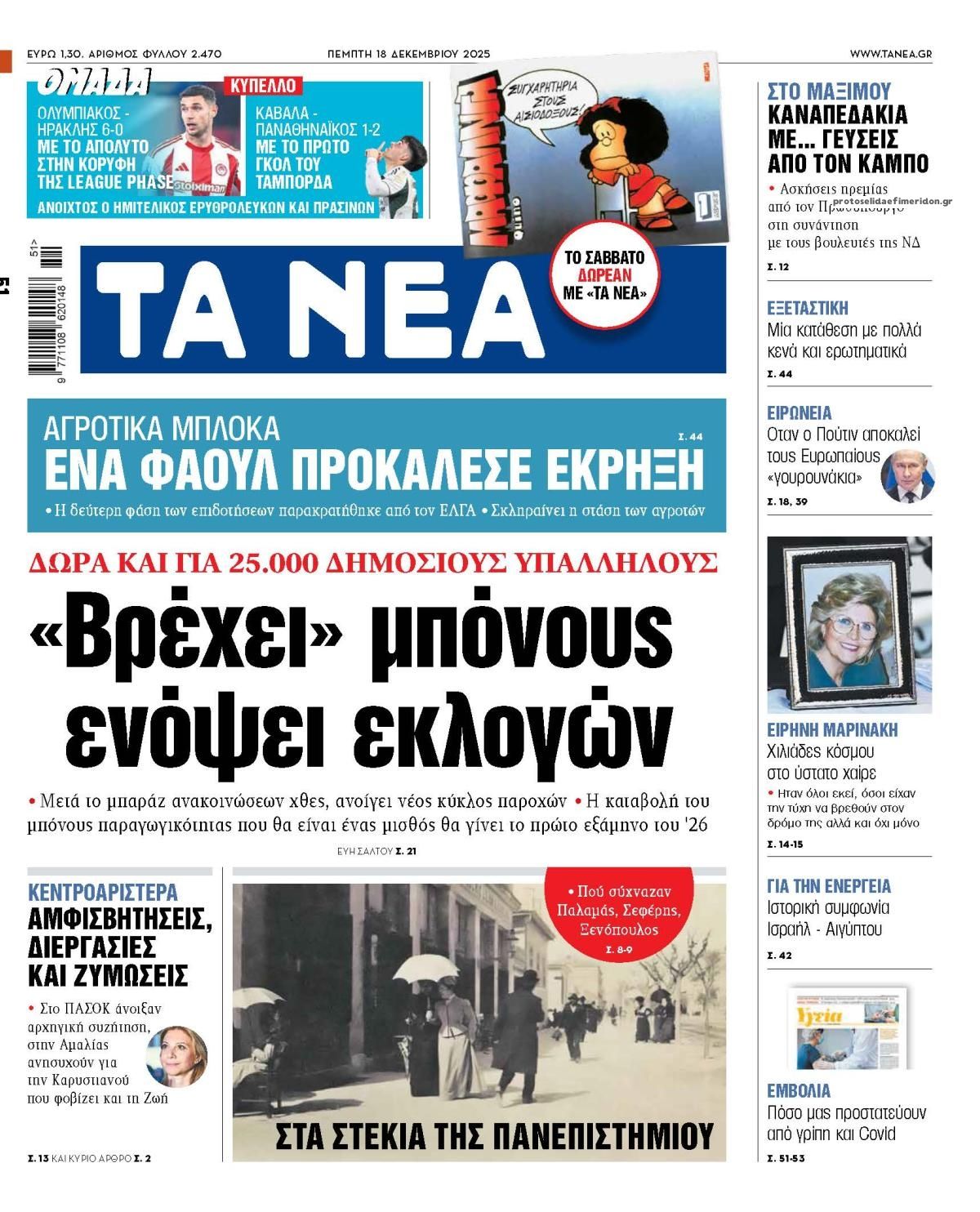 Πρωτοσέλιδο εφημερίδας Τα Νέα
