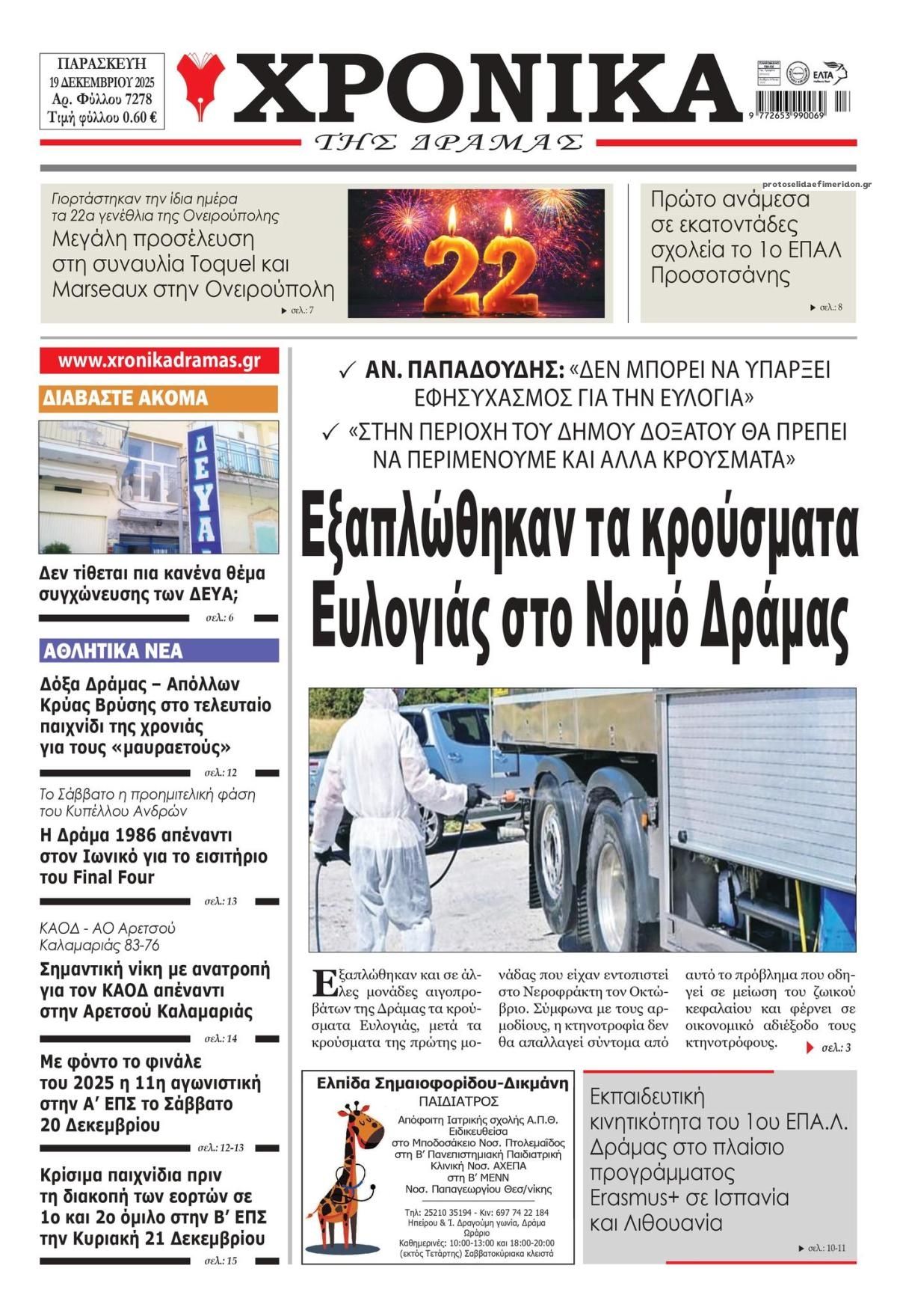 Πρωτοσέλιδο εφημερίδας Χρονικά Δράμας