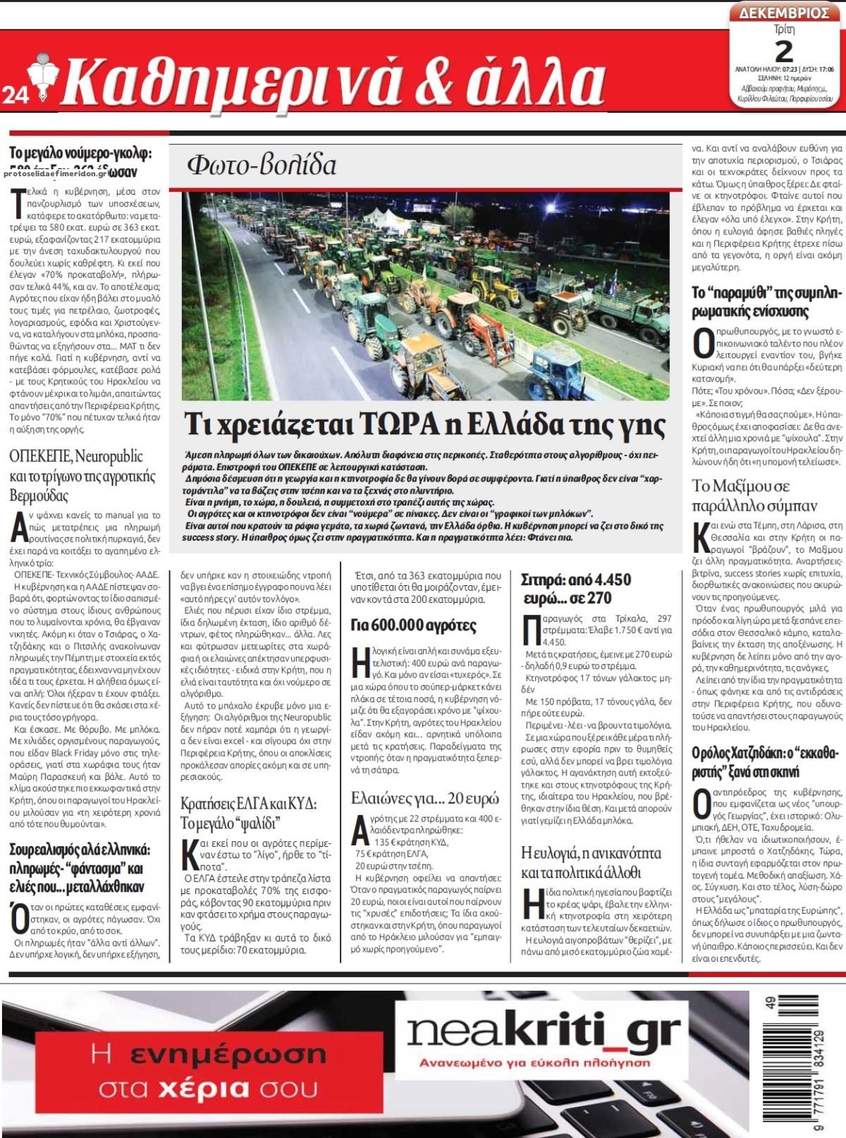 Οπισθόφυλλο εφημερίδας Νέα Κρήτη