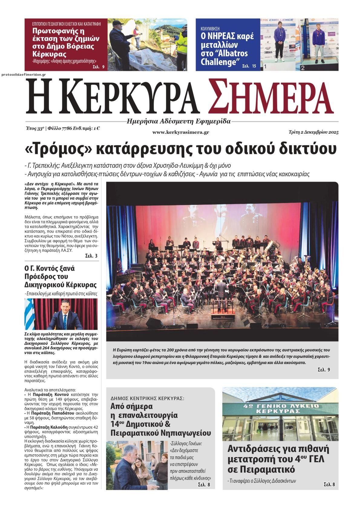 Πρωτοσέλιδο εφημερίδας Η Κέρκυρα Σήμερα