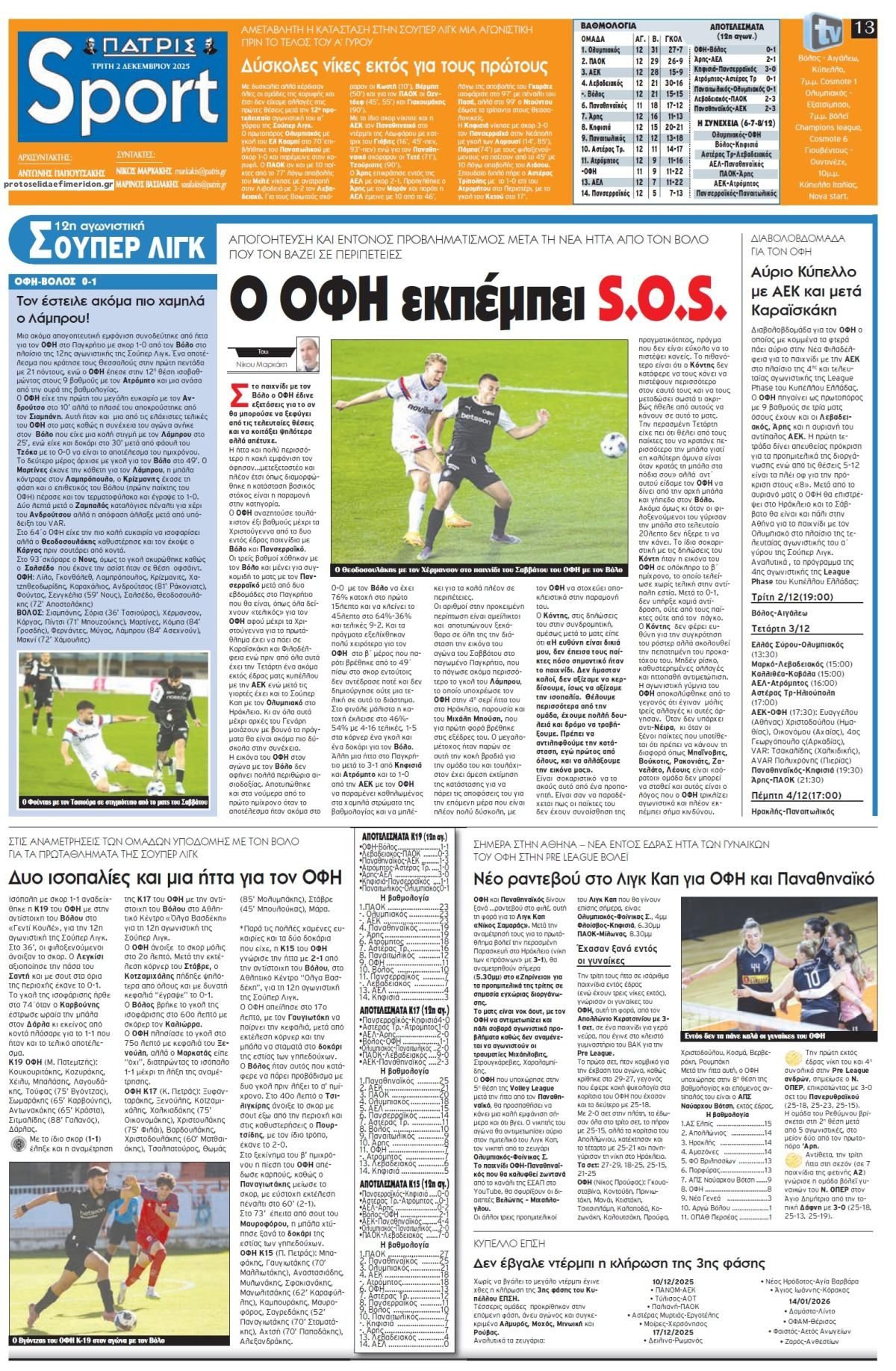 Πρωτοσέλιδο εφημερίδας Πατρίς Σπορ