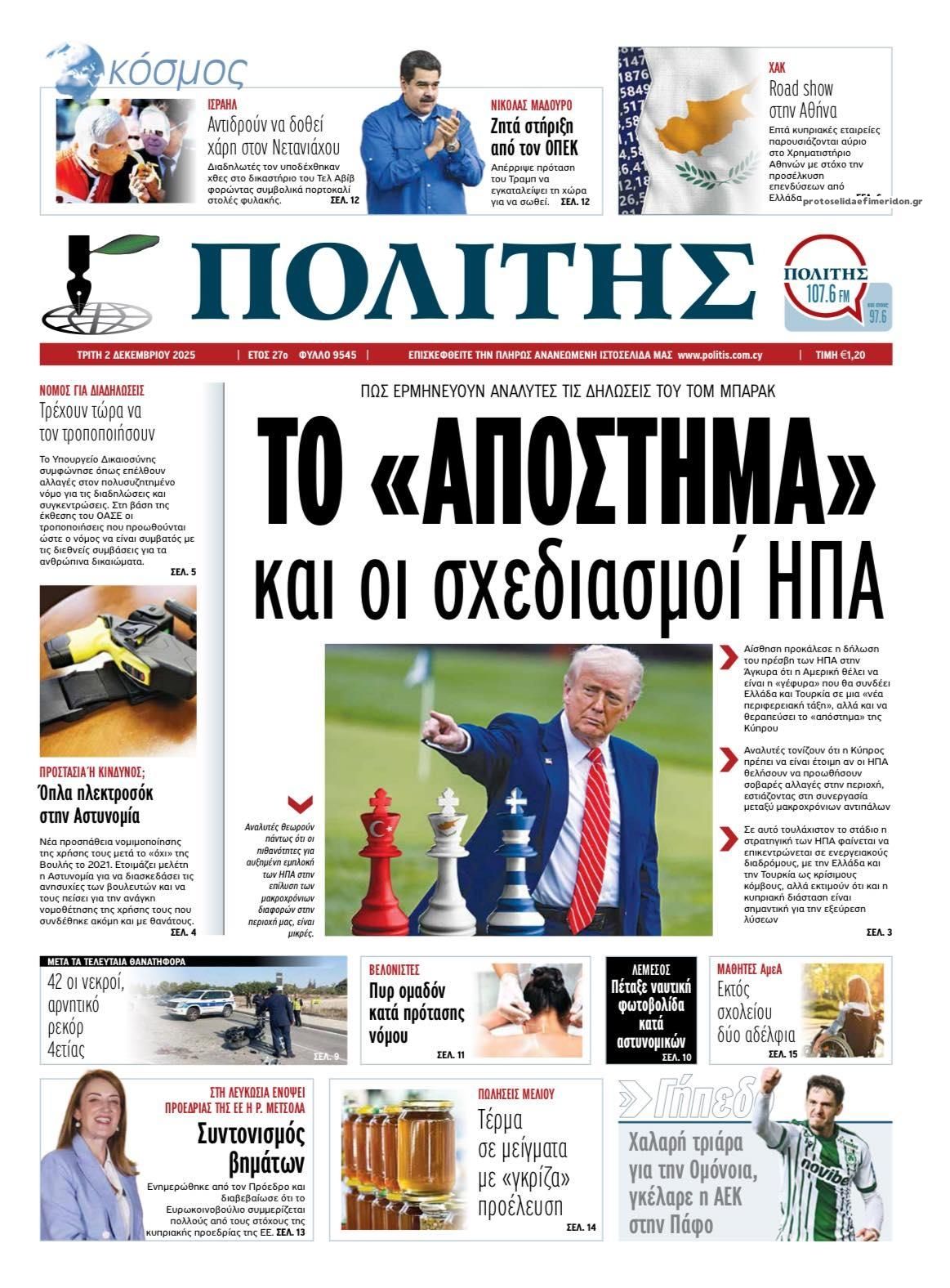 Πρωτοσέλιδο εφημερίδας Πολίτης Κύπρου