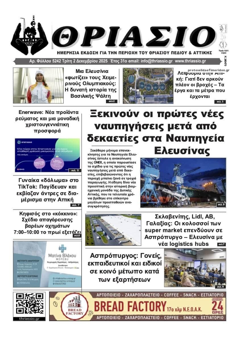 Πρωτοσέλιδο εφημερίδας Θριάσιο