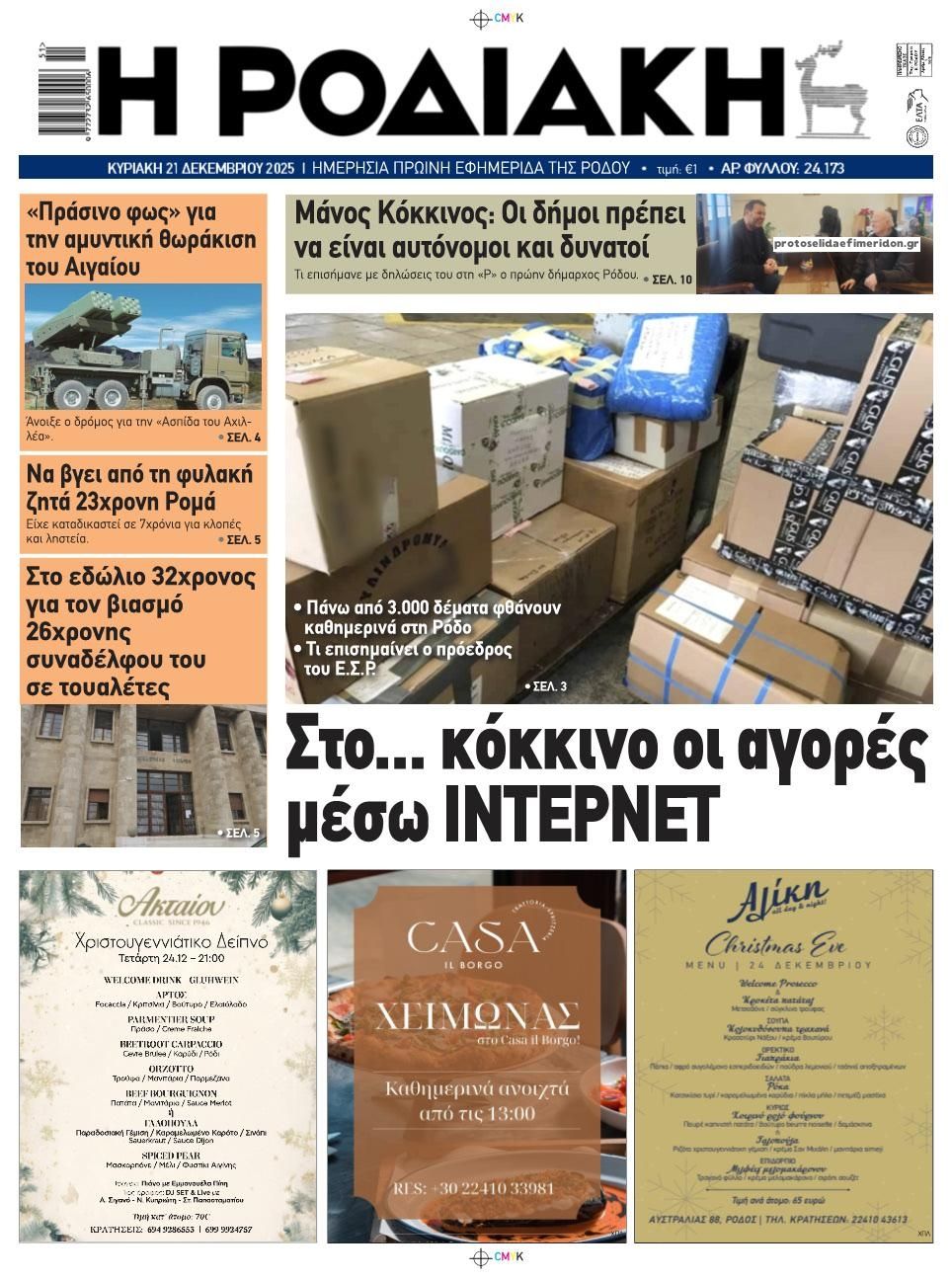 Πρωτοσέλιδο εφημερίδας Ροδιακή
